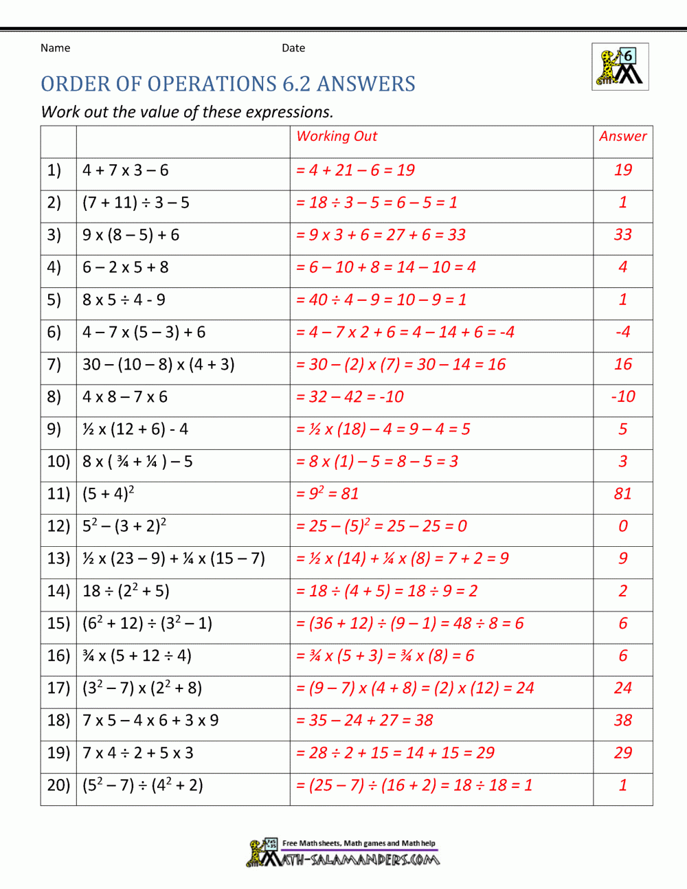 6th Grade Order Of Operations Worksheets Worksheets Library