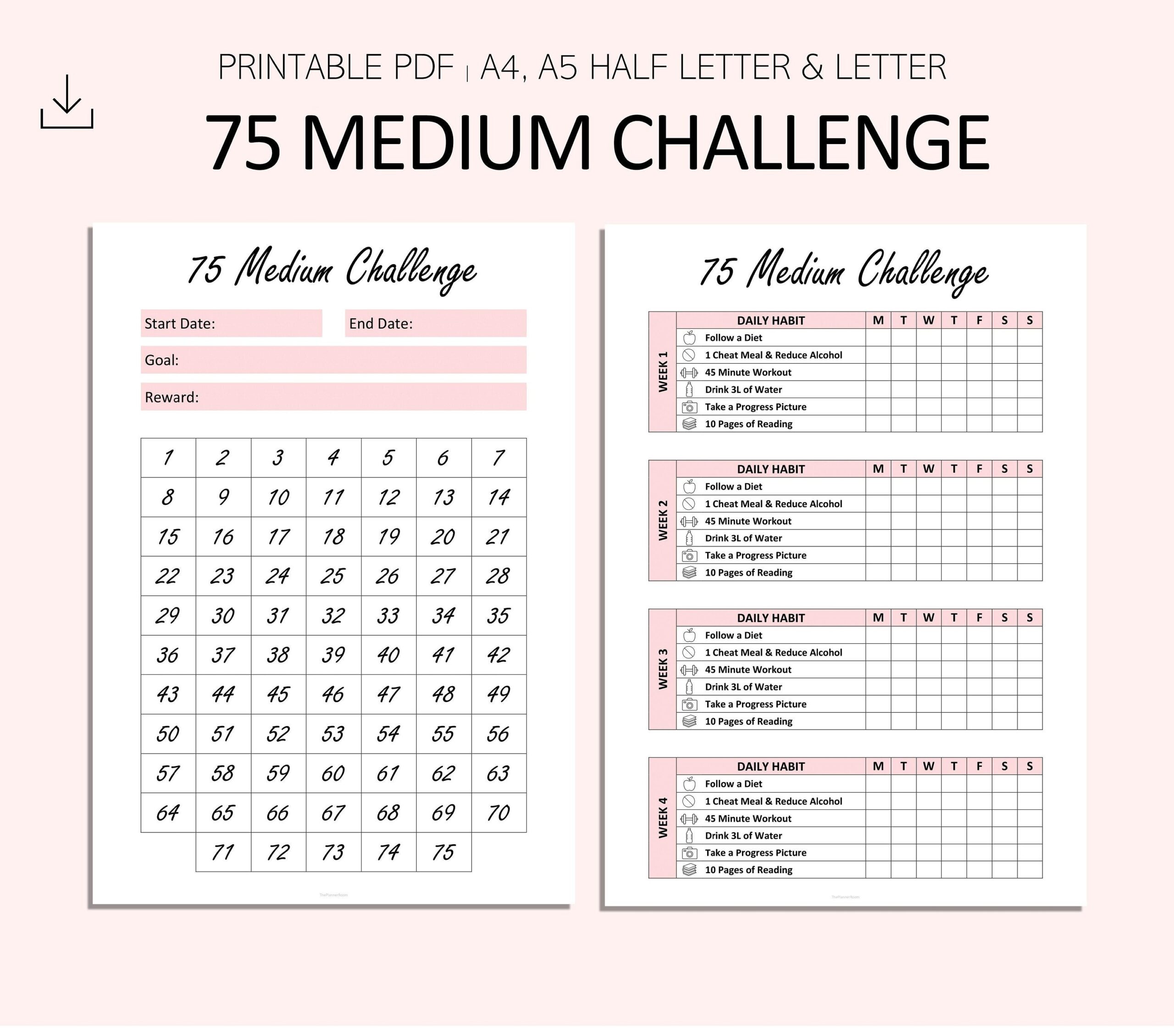 75 Medium Challenge Tracker 75 Challenge Printable PDF A4 