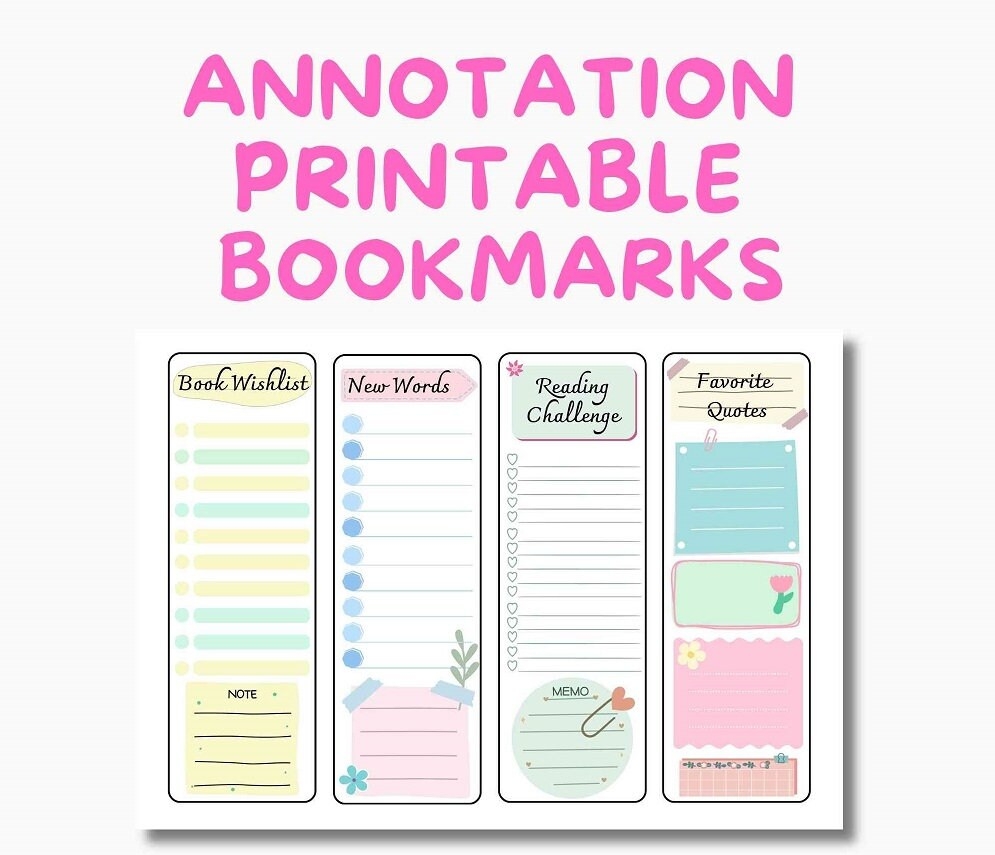 8 Printable Annotation Bookmarks PDF Book Wishlist New Words Reading Challenge Favorite Quotes Printable Stationary Reader Gift Etsy