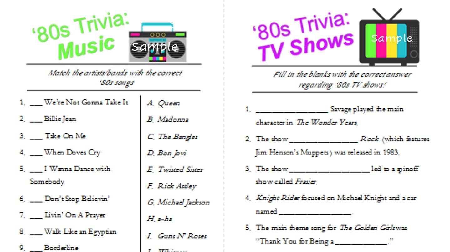 80s Trivia Pack Printable Trivia 1980 s Game Includes 