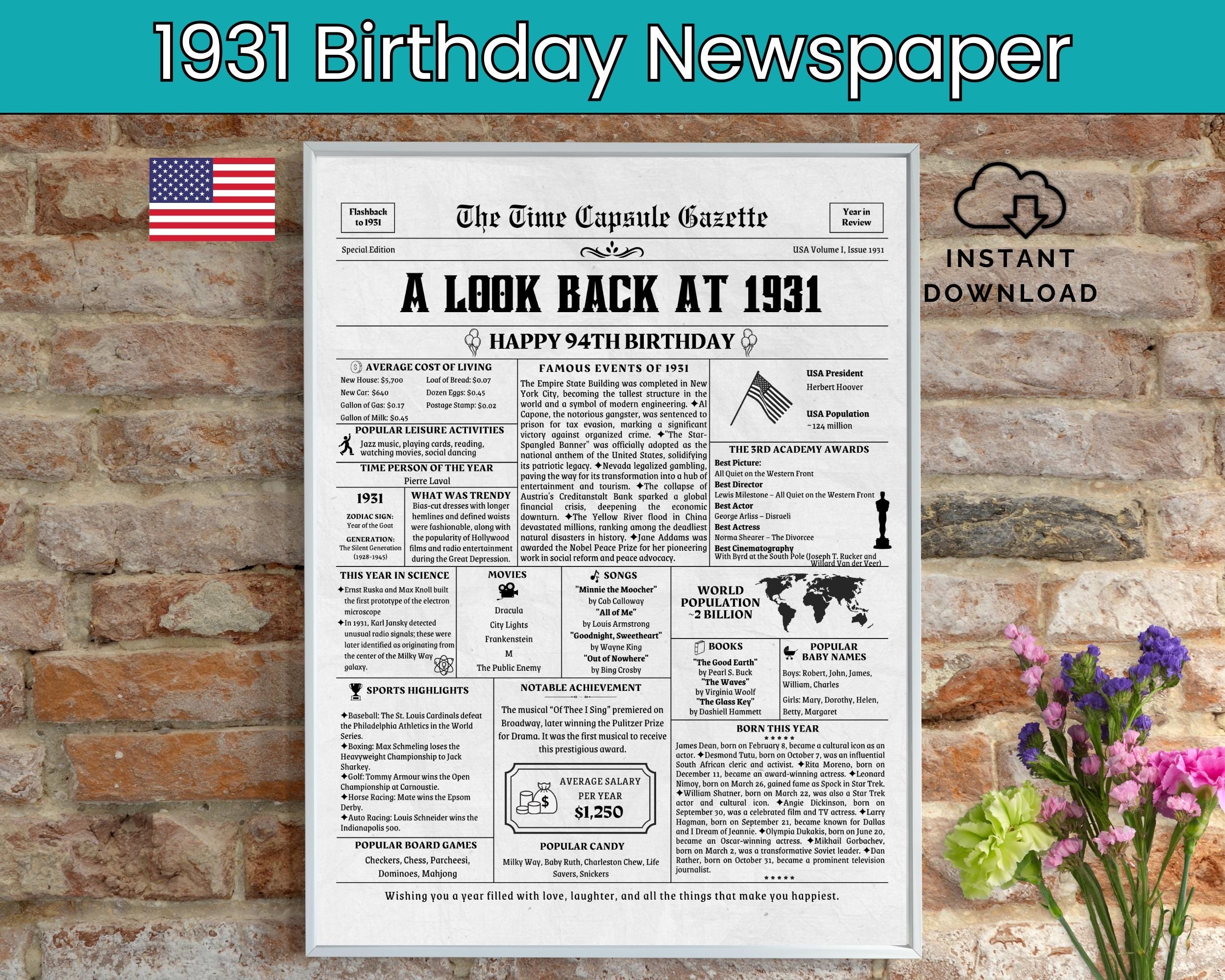 94th Birthday Newspaper Born In 1931 94th Birthday Gift Birthday Poster Back In 1931 USA Printable Instant Download Etsy