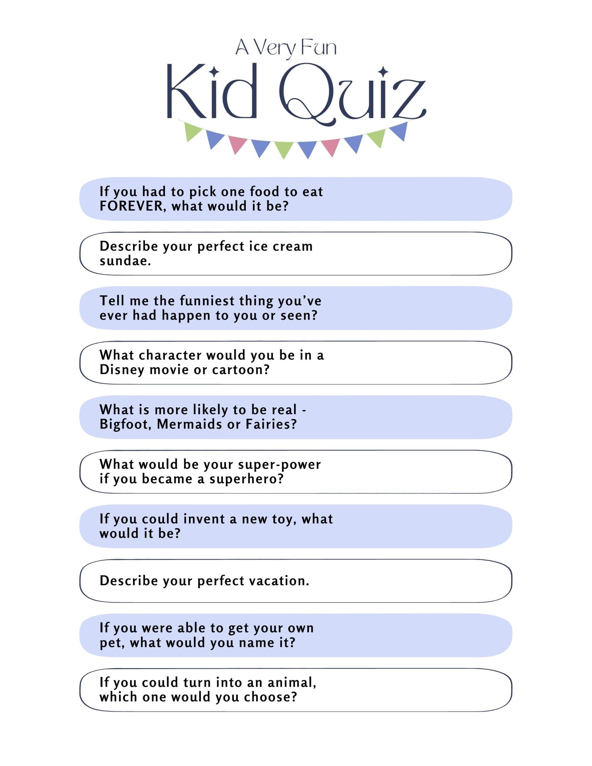 A Very Fun Kid Quiz DIGITAL DOWNLOAD color Or Bu0026W Etsy UK