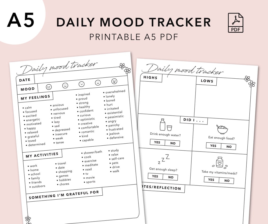 A5 Daily Mood Tracker Printable PDF Planner Mental Health Feelings Emotions Well being Routine Habits Selfcare Therapy Journal Etsy