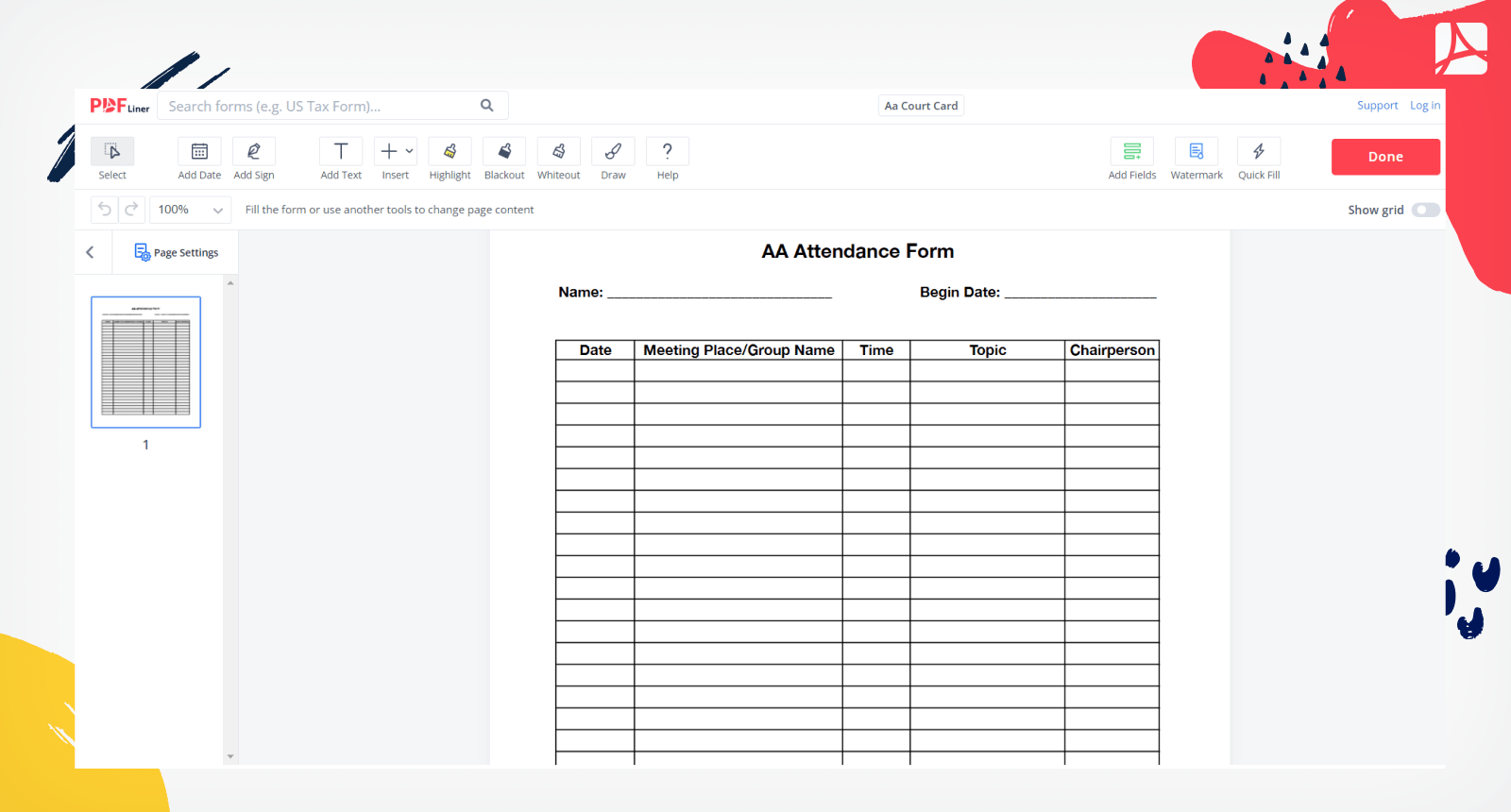 aa attendance sheet printable