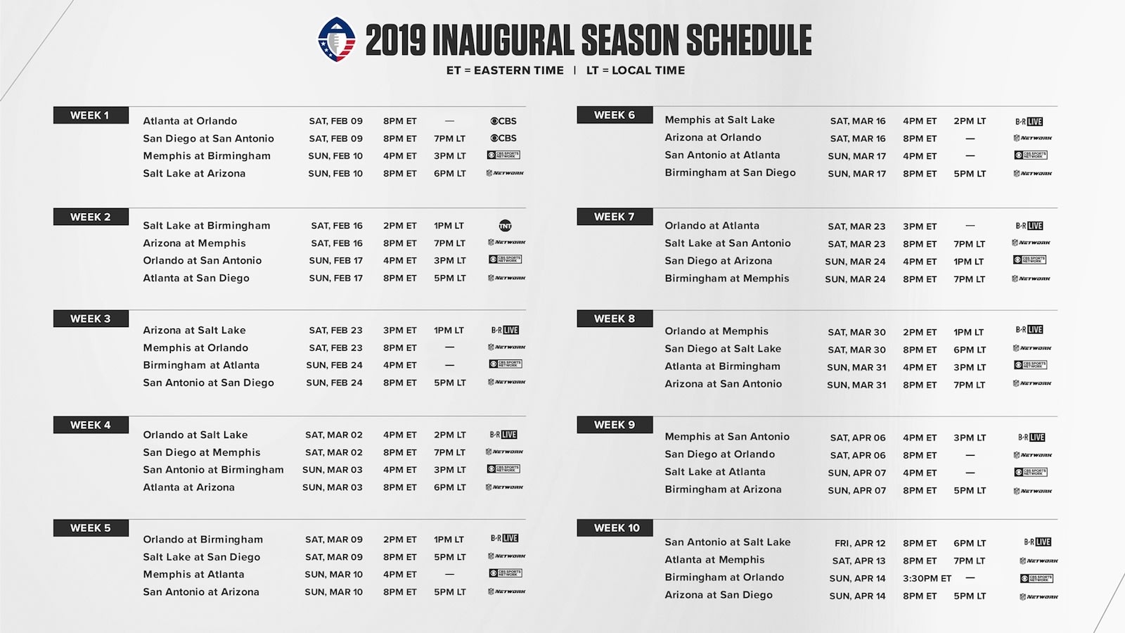 AAF Football 2019 Season Schedule For Alliance Of American 