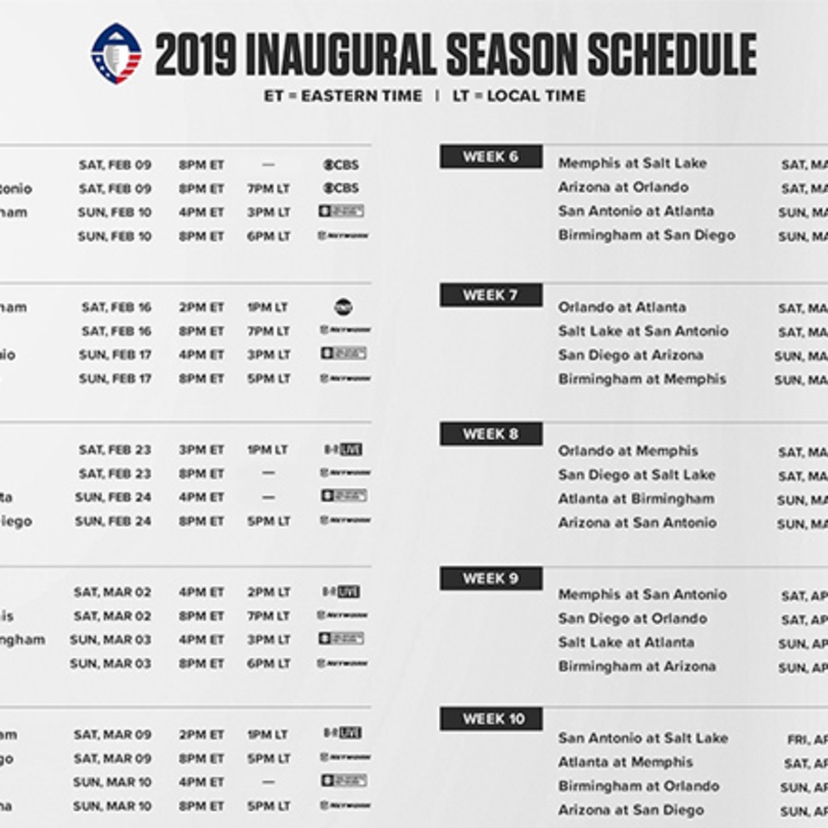 AAF Football 2019 Season Schedule For Alliance Of American Football Athlon Sports