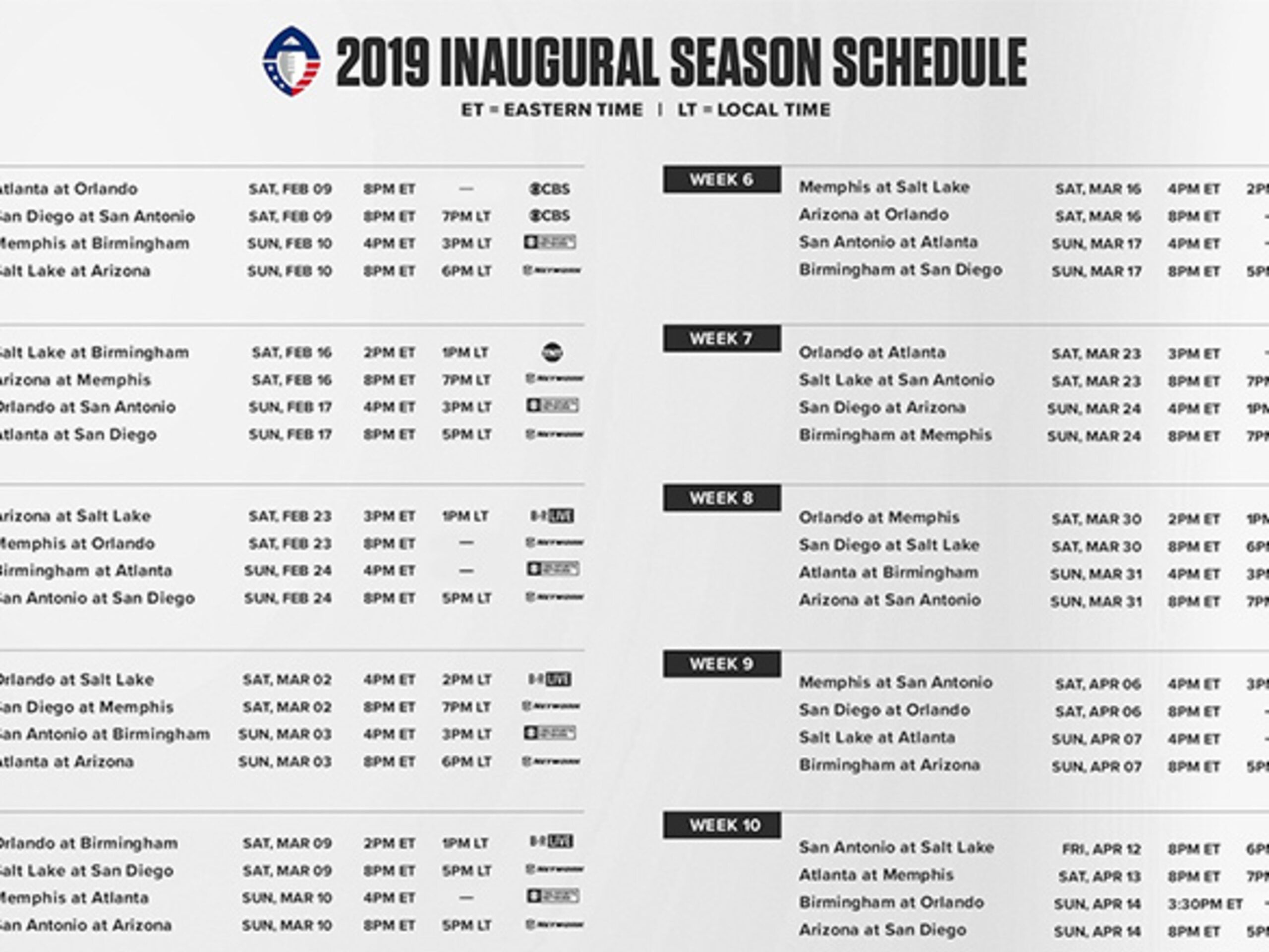 AAF Football 2019 Season Schedule For Alliance Of American Football Athlon Sports