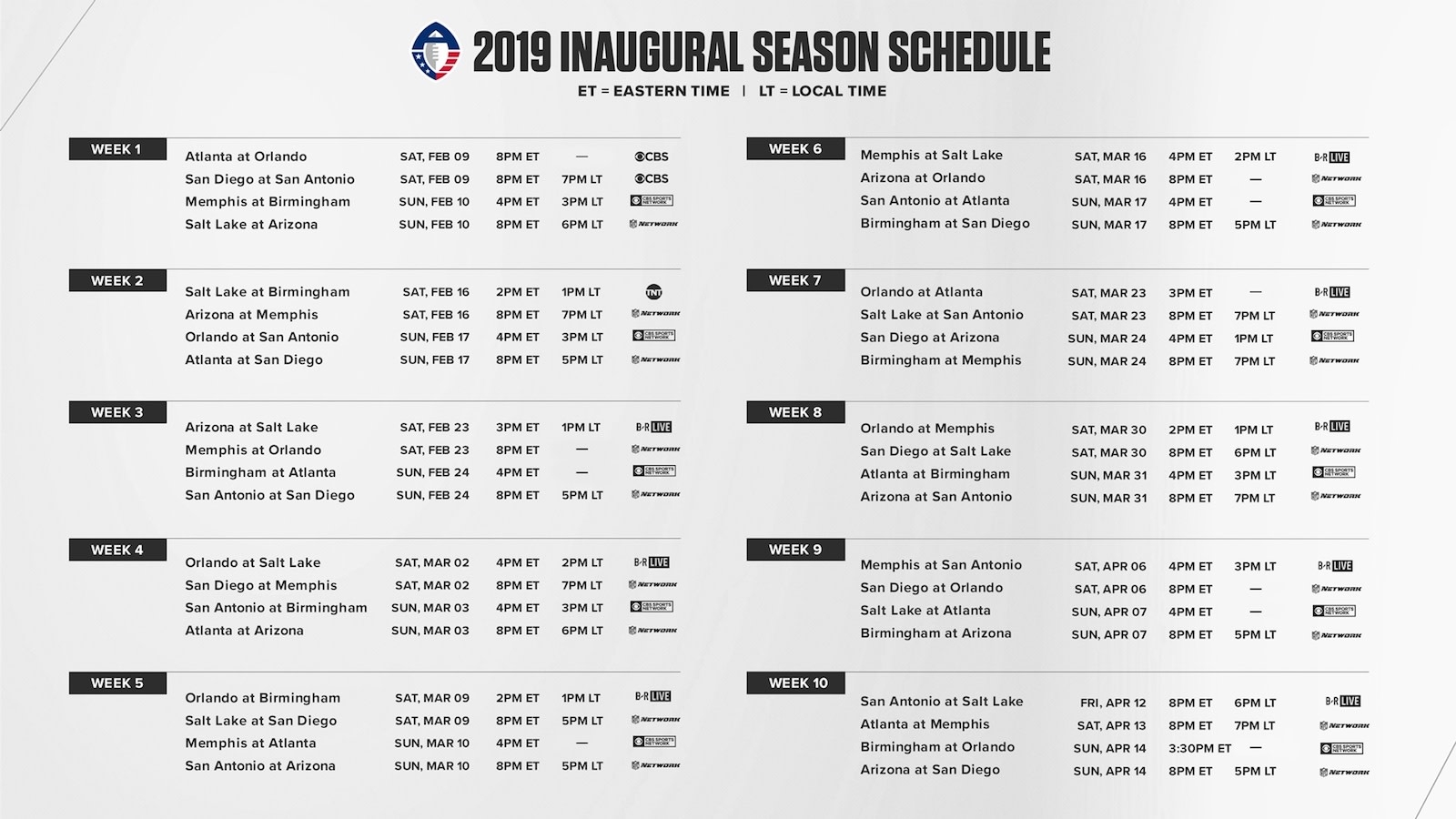 AAF Football 2019 Season Schedule For Alliance Of American 