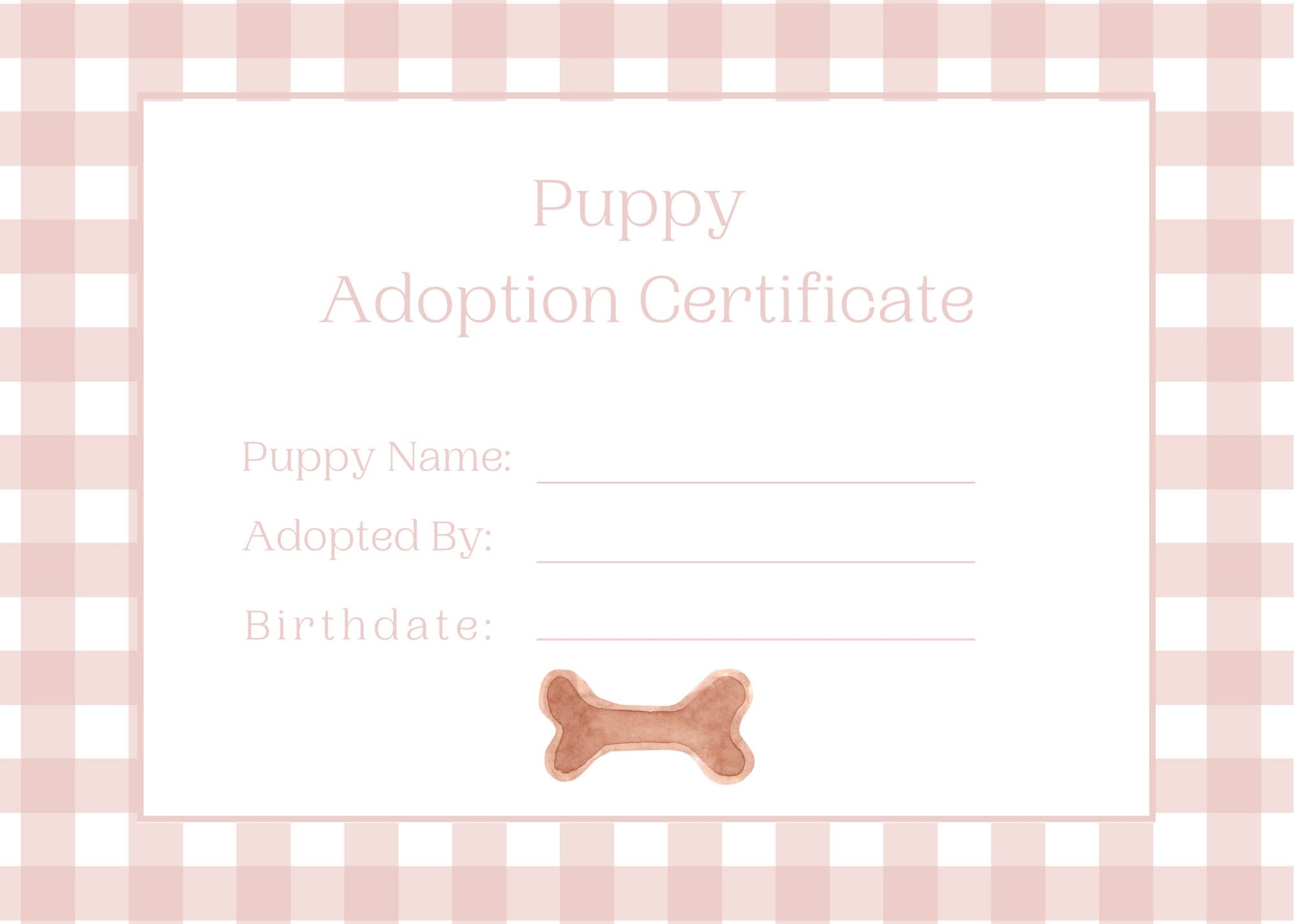 Adopt A Puppy Certificate Printable Download Adopt A Puppy Printable Certificates Pink Gingham Puppy Party Pink Puppy Party