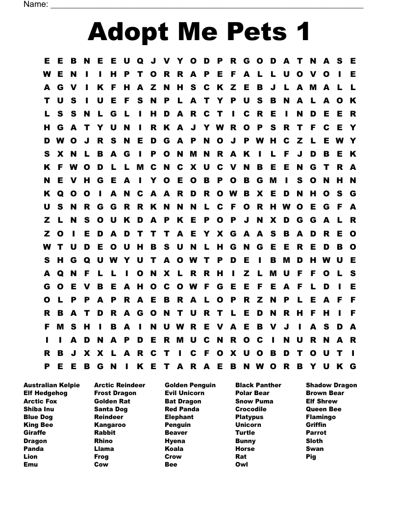 Adopt Me Pets 1 Word Search WordMint