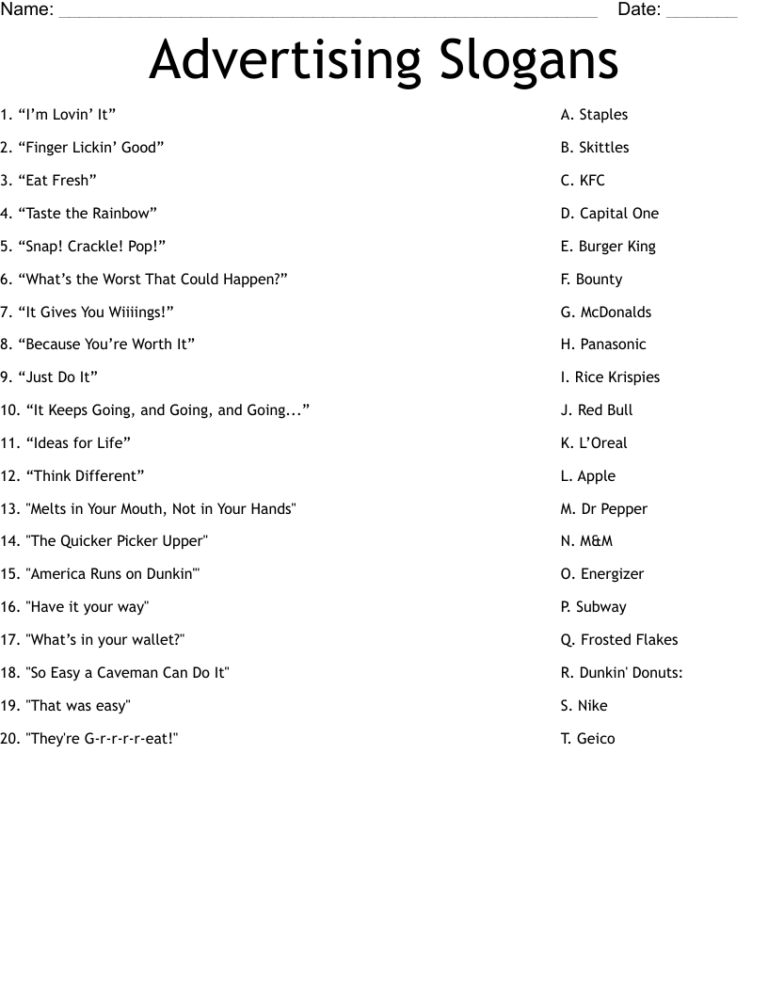 Advertising Slogans Worksheet WordMint Worksheets Library