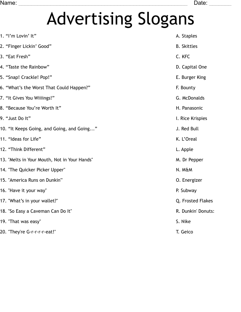 Advertising Slogans Worksheet WordMint Worksheets Library