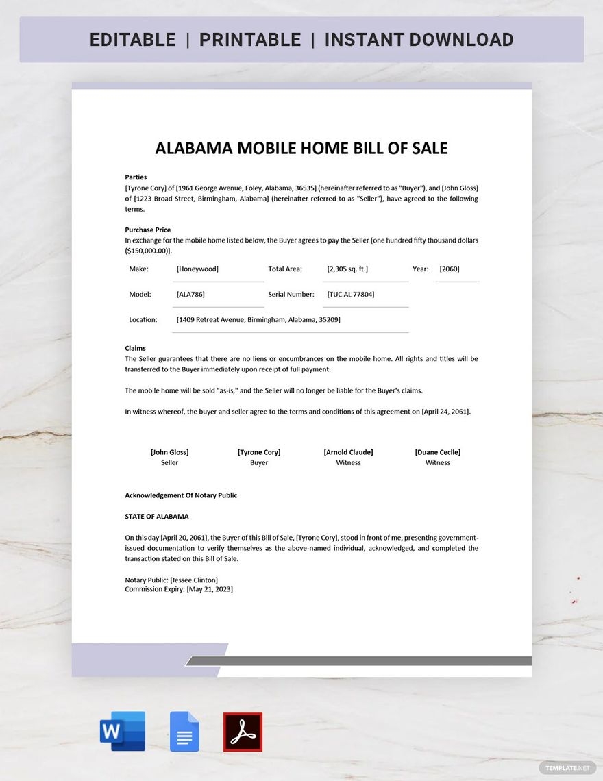 printable manufactured home bill of sale