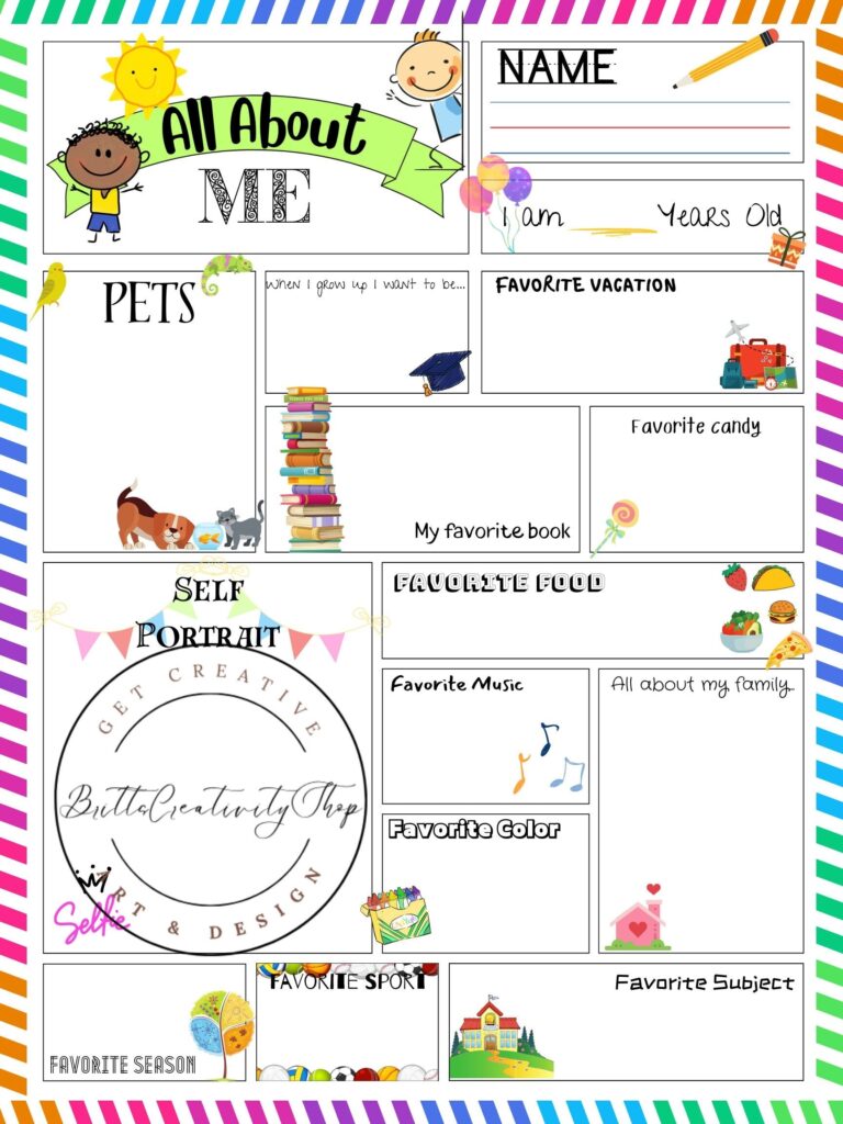 ALL ABOUT ME Poster Size Sheet Printable Writing Prompt For Kids Educational Children Page Printable Sheet For Back To School