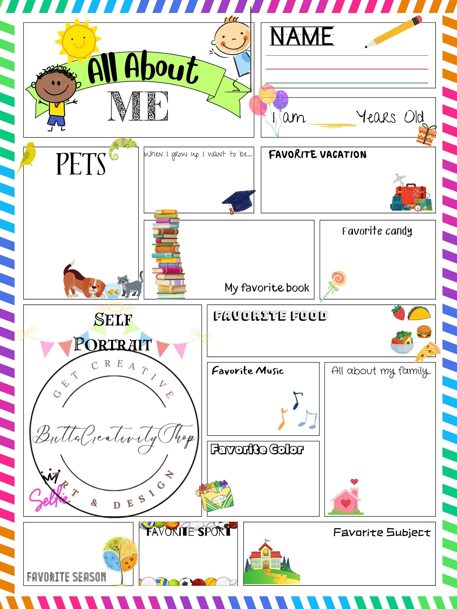 ALL ABOUT ME Poster Size Sheet Printable Writing Prompt For Kids Educational Children Page Printable Sheet For Back To School