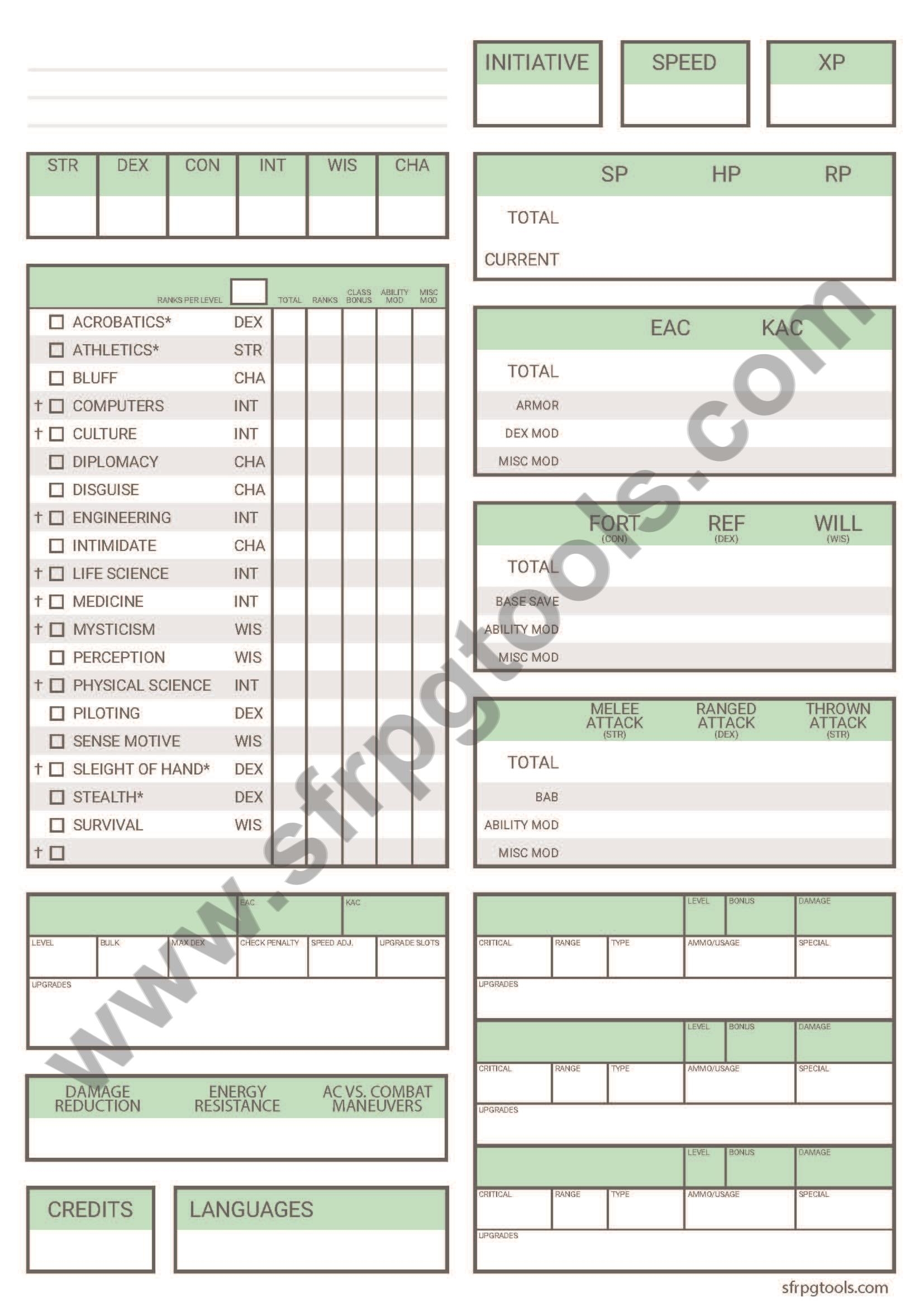 Alternate Starfinder Character Sheet