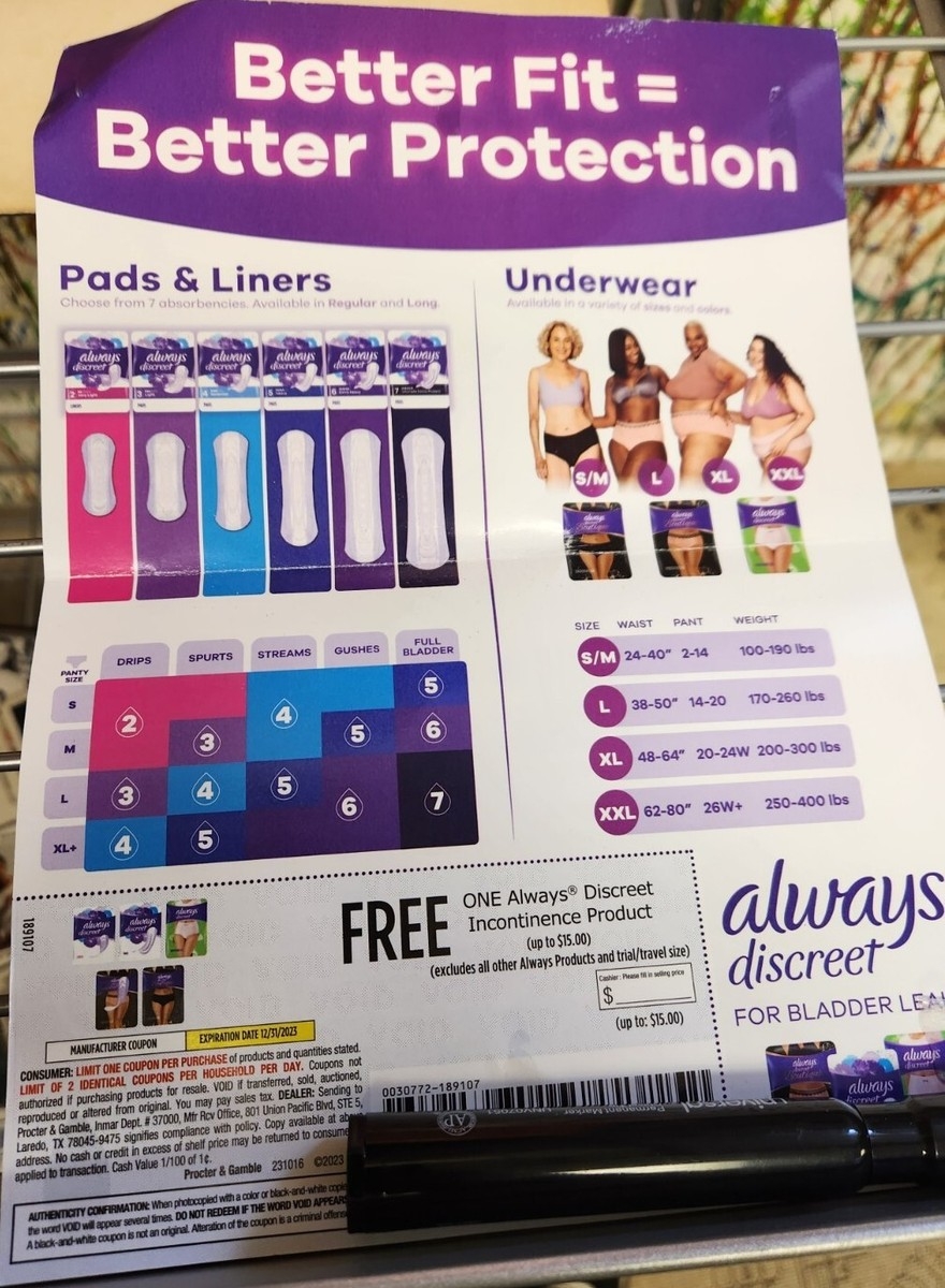 Always Discreet Incontinence Product Liners Pads Underwear 4 Women 15 Coupon