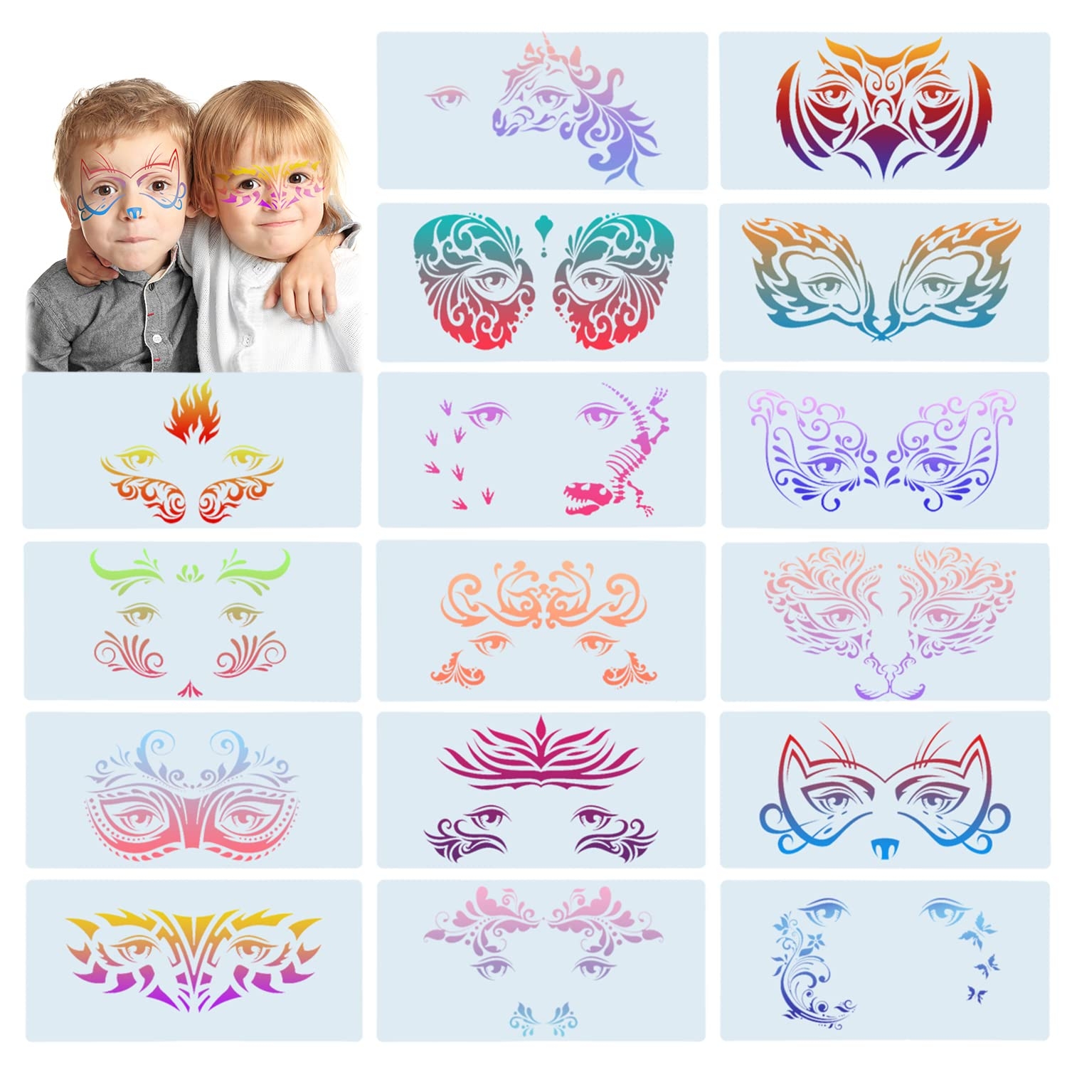 Amazon 16 Pieces Carnival Face Stencils Reusable Face Paint Templates For Kids Adult Tattoo Painting Dinosaur Unicorn Pattern Carnival Party Supply 10 X 4 7 Inch