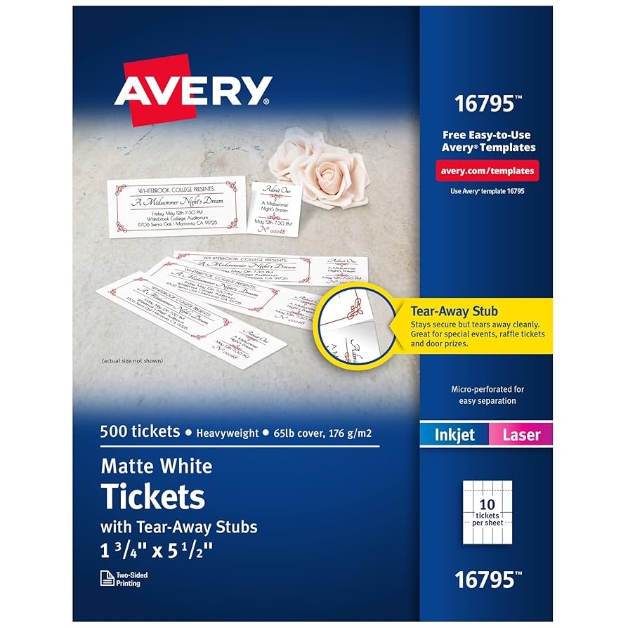 Amazon Avery Printable Tickets With Tear Away Stubs 1 75