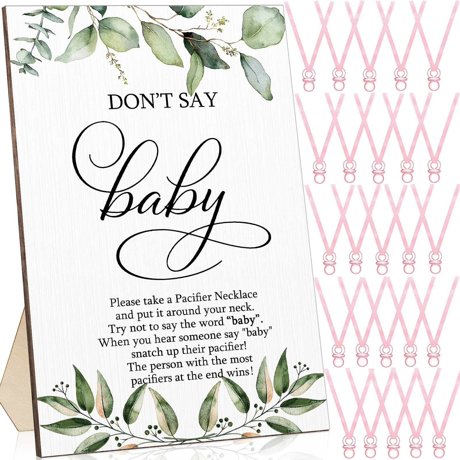 Amazon Geetery 51 Pcs Don t Say Baby Game Sign Cool Baby Shower Game 50 Pacifier Necklace Wooden Don t Say Sign Plastic Pacifier Party Favor For Gender Reveal Greenery Pink Home U0026 Kitchen