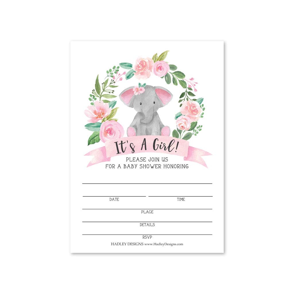 Amazon Hadley Designs 25 Elephant Wreath Invitations Sprinkle Invite For Girl Coed Pink Safari Gender Theme Animal Jungle DIY Fill Or Write In Blank Printable Card Blush Garden Party For Baby