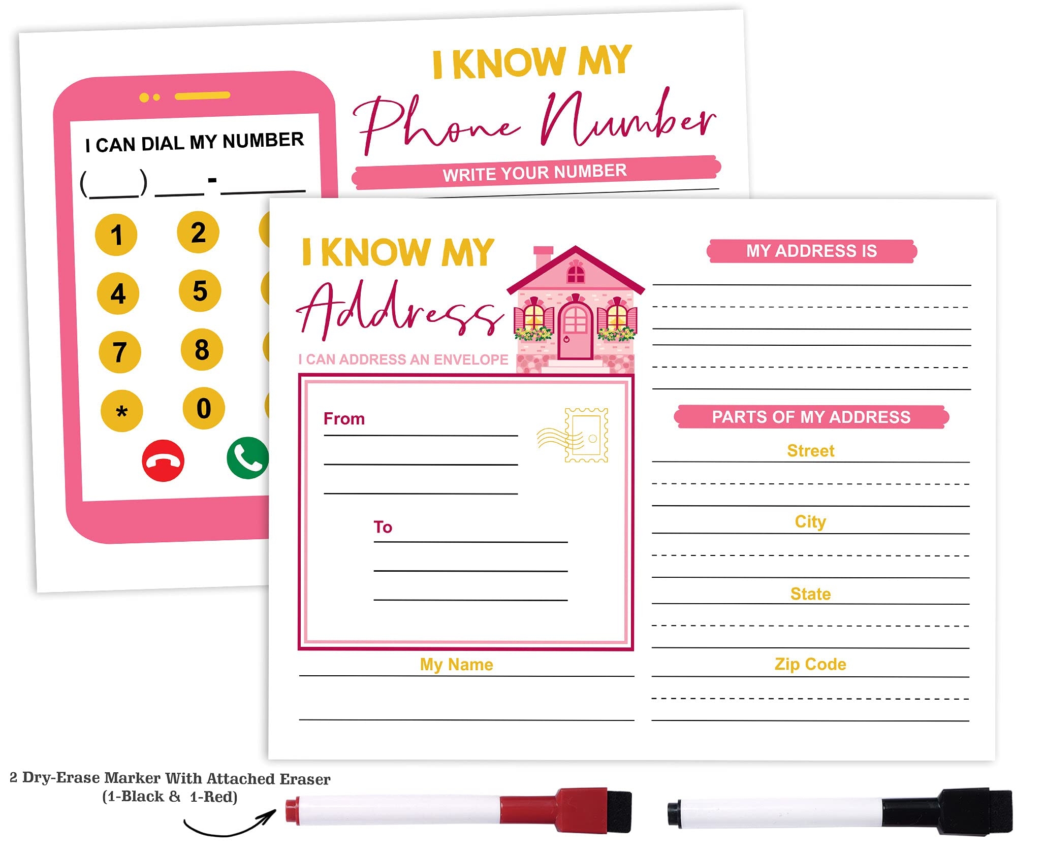 Amazon Inkdotpot Dry Erase Practice Worksheet I Know My Address I Know My Phone Number Preschool Kindergarten Laminated Worksheet Homeschool Activities For Kids With 2 Dry Erase Markers Office Products