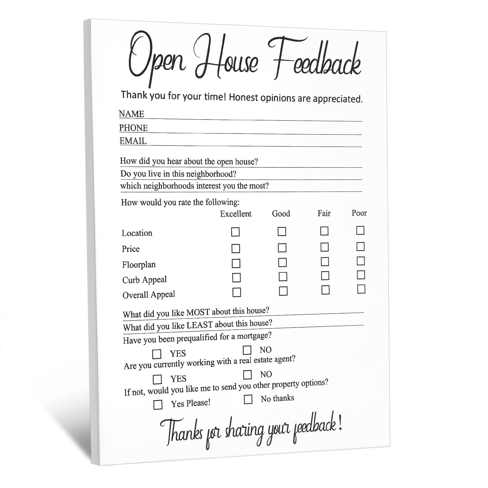 Amazon Marspark 50 Pieces Open House Signs For Real Estate Open House Supplies Real Estate Feedback Accessories Notepad Sign Questionnaire Feedback Form For Agents Brokers Supplies Office Products