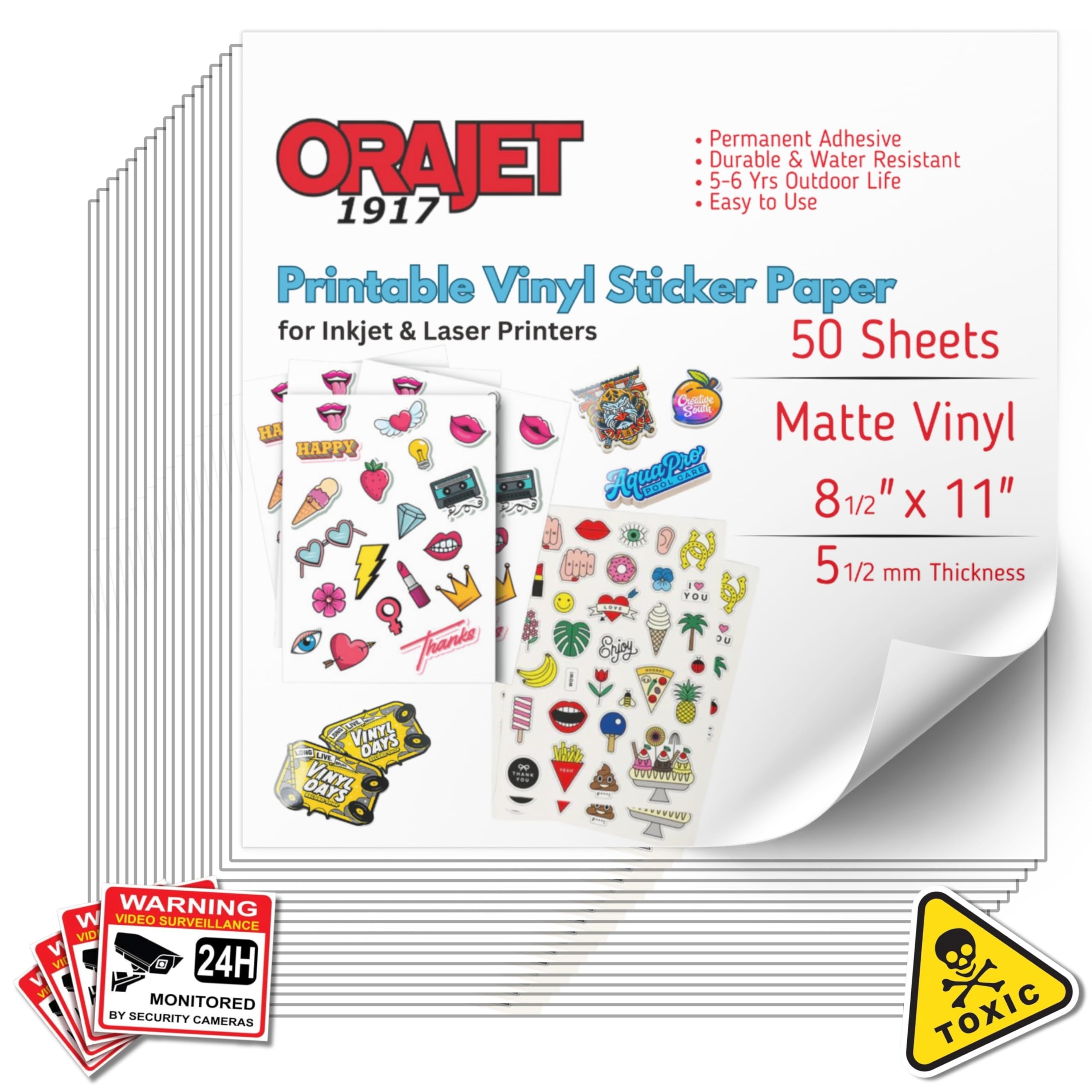 Amazon ORAJET 1917 Printable Permanent Vinyl Sticker Paper 50 Matte Finish Sheets 8 5