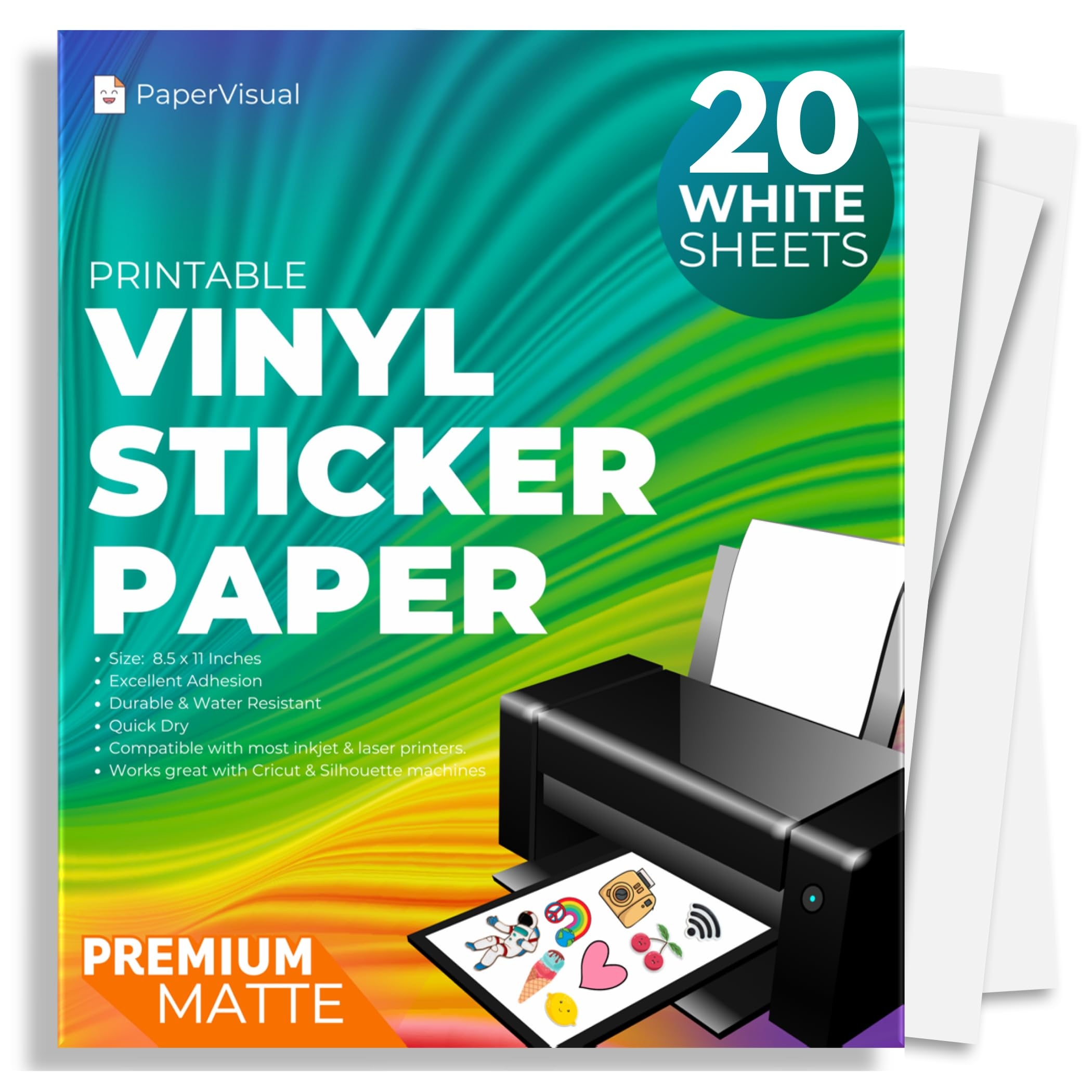 Amazon Premium Printable Vinyl Sticker Paper For Inkjet And Laser Printer 20 White Matte Sticker Paper Waterproof Excellent Adhesion Paper 8 5 X 11 Fast Dry Holds Ink Well Great For Cutting Machines Automotive