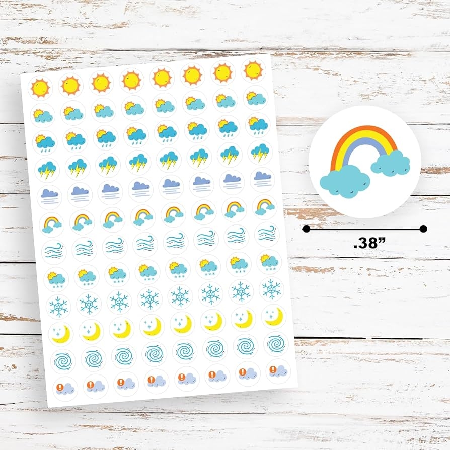 Amazon Weather Stickers For Planner 288 Mini Vinyl Dot Stickers 1 3 Dot Weather Tracker Essential Productivity Life Bullet Bujo Journal Three Sheets Sun Stars Clouds Rain Snow Wind Arts Crafts U0026 Sewing