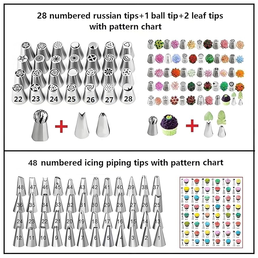 Amazon YOQXHY 193 Pcs Russian Piping Tips Set With 28 Numbered Russian Tips 48 Numbered Icing Tips 1 Ball Tip 2 Leaf Tips Pattern Chart 100 Pastry Bags 4 Couplers 6 Bag Ties For Cake Decorating Home U0026 Kitchen
