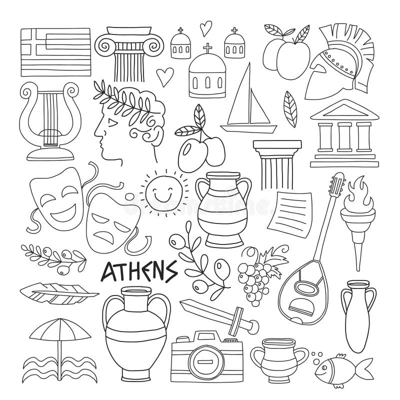 Ancient Greece Vector Elements In Doodle Style For Coloring Pages Travel History Music Food Wine Stock Vector Illustration Of Helmet Pattern 89597771