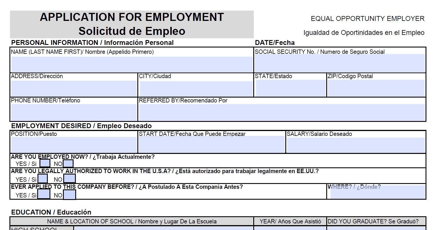 printable job application in spanish