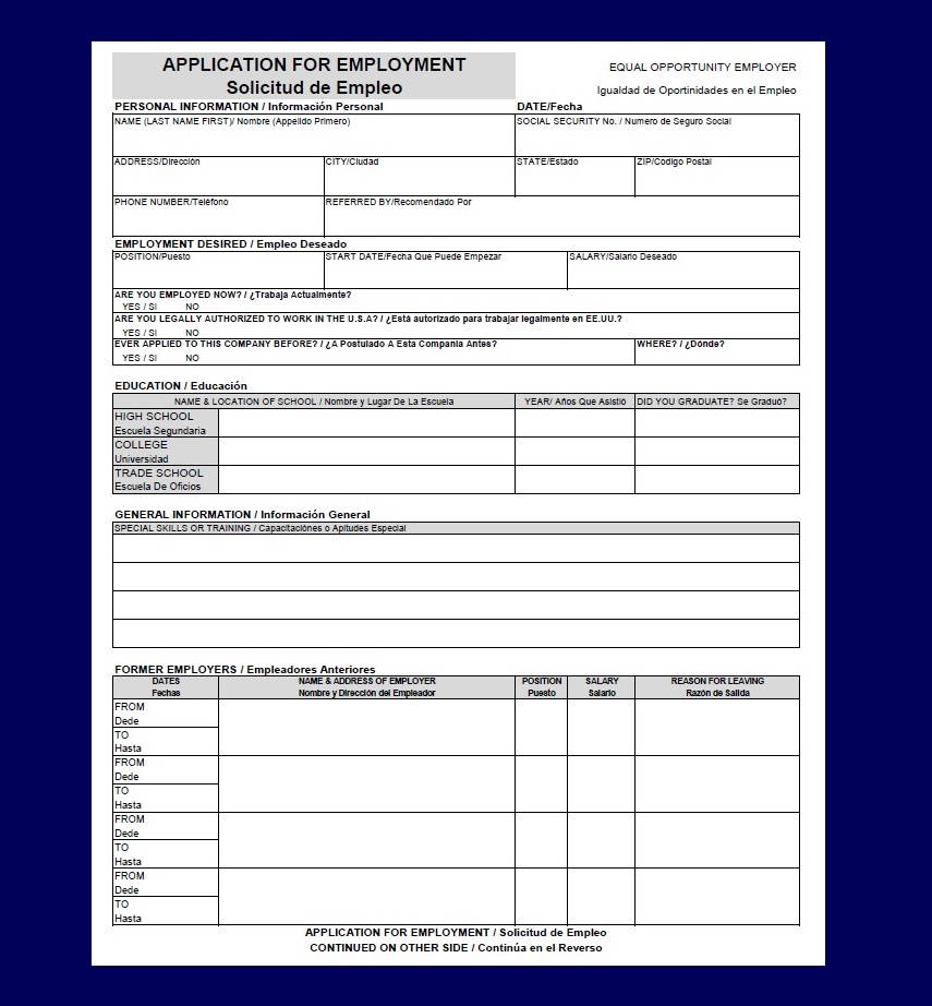 Application For Employment Bilingual English Spanish