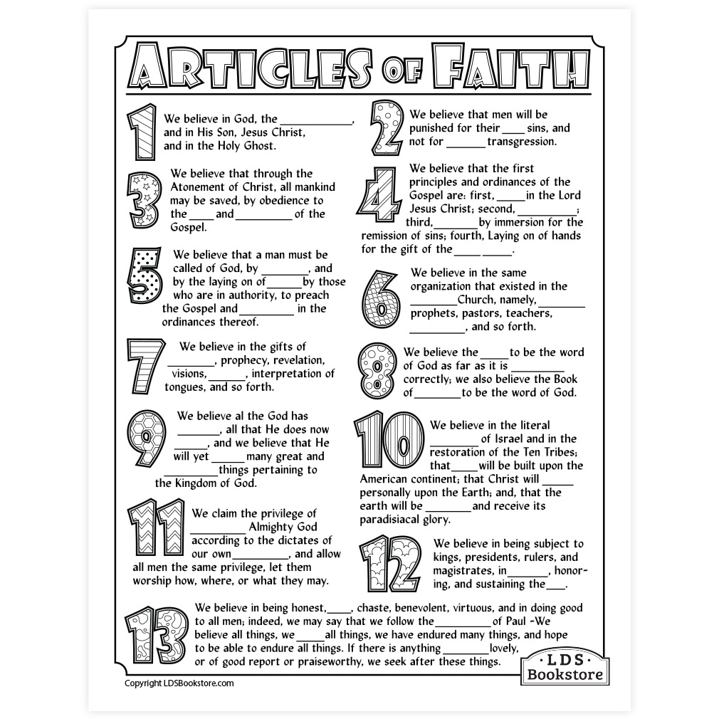 Articles Of Faith Coloring U0026 Activity Page Printable