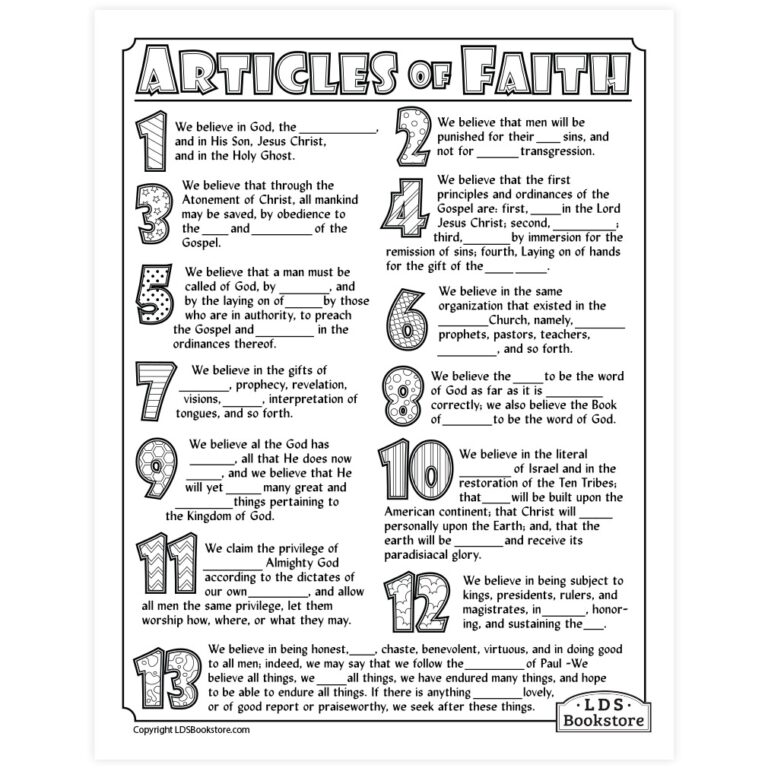 Articles Of Faith Coloring U0026 Activity Page Printable
