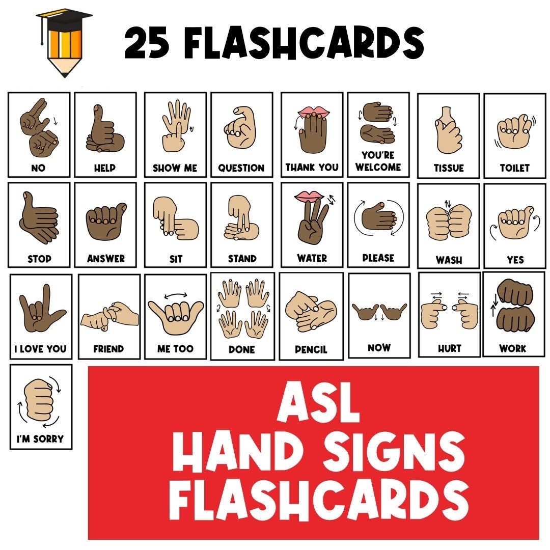 ASL Flashcards 25 Hand Sign Cards Communication Tool PDF Etsy