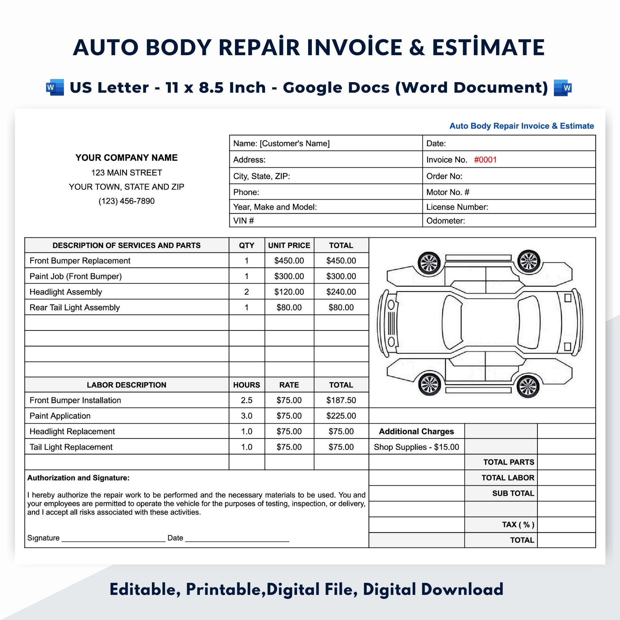 free printable auto body repair estimate forms