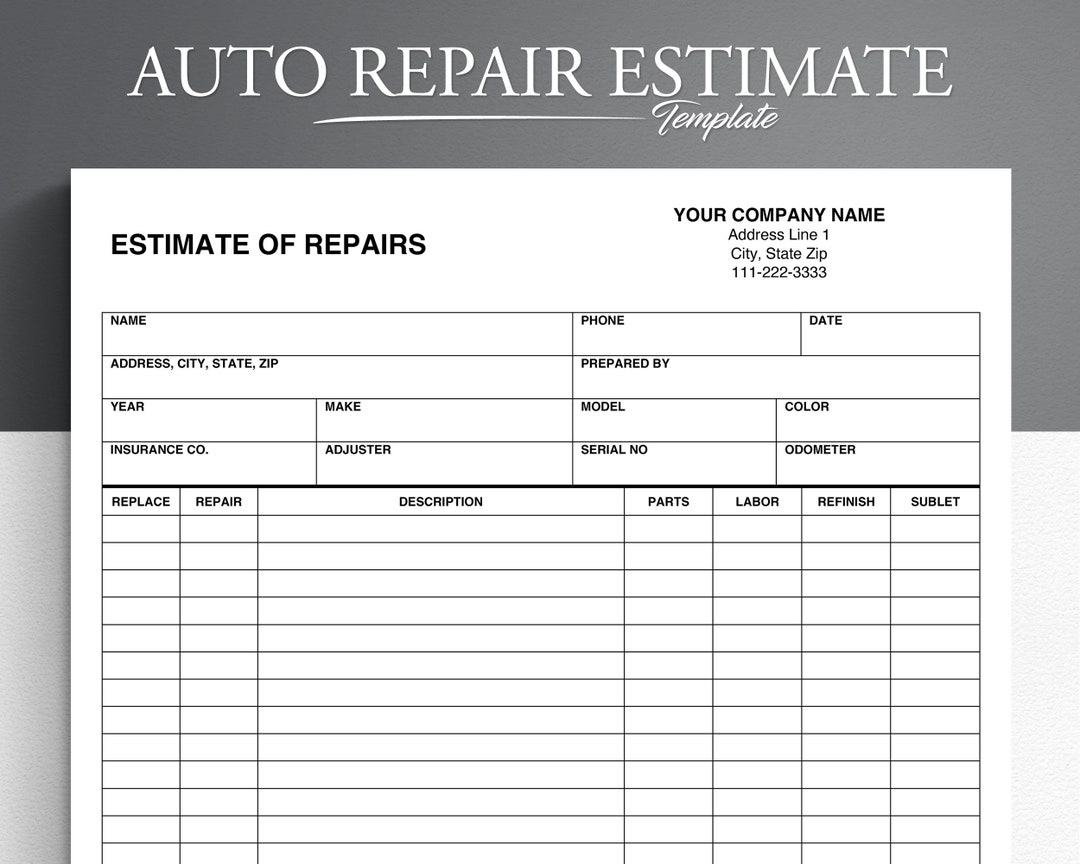 Auto Repair Estimate Template Editable Body Shop Form PDF Etsy