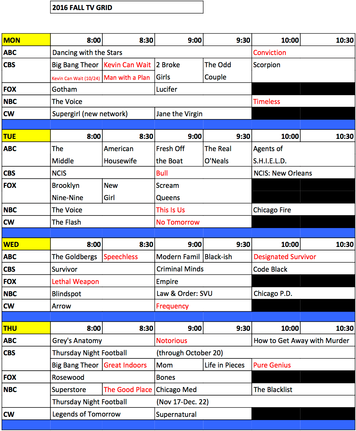 AwardsWatch FULL 2016 Fall Television Schedule Grid