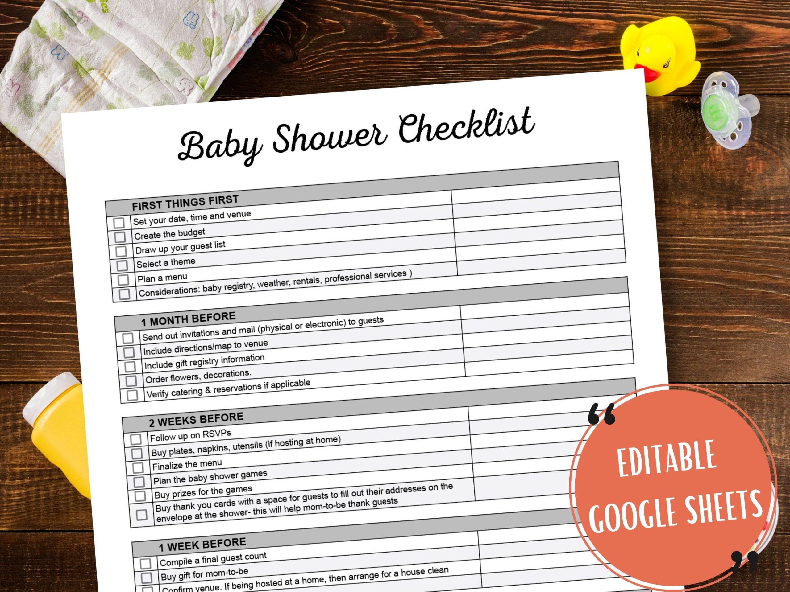 Baby Shower Checklist Editable Google Sheets Template Customizable Baby Shower Planning Template Baby Shower Planner Printable Etsy