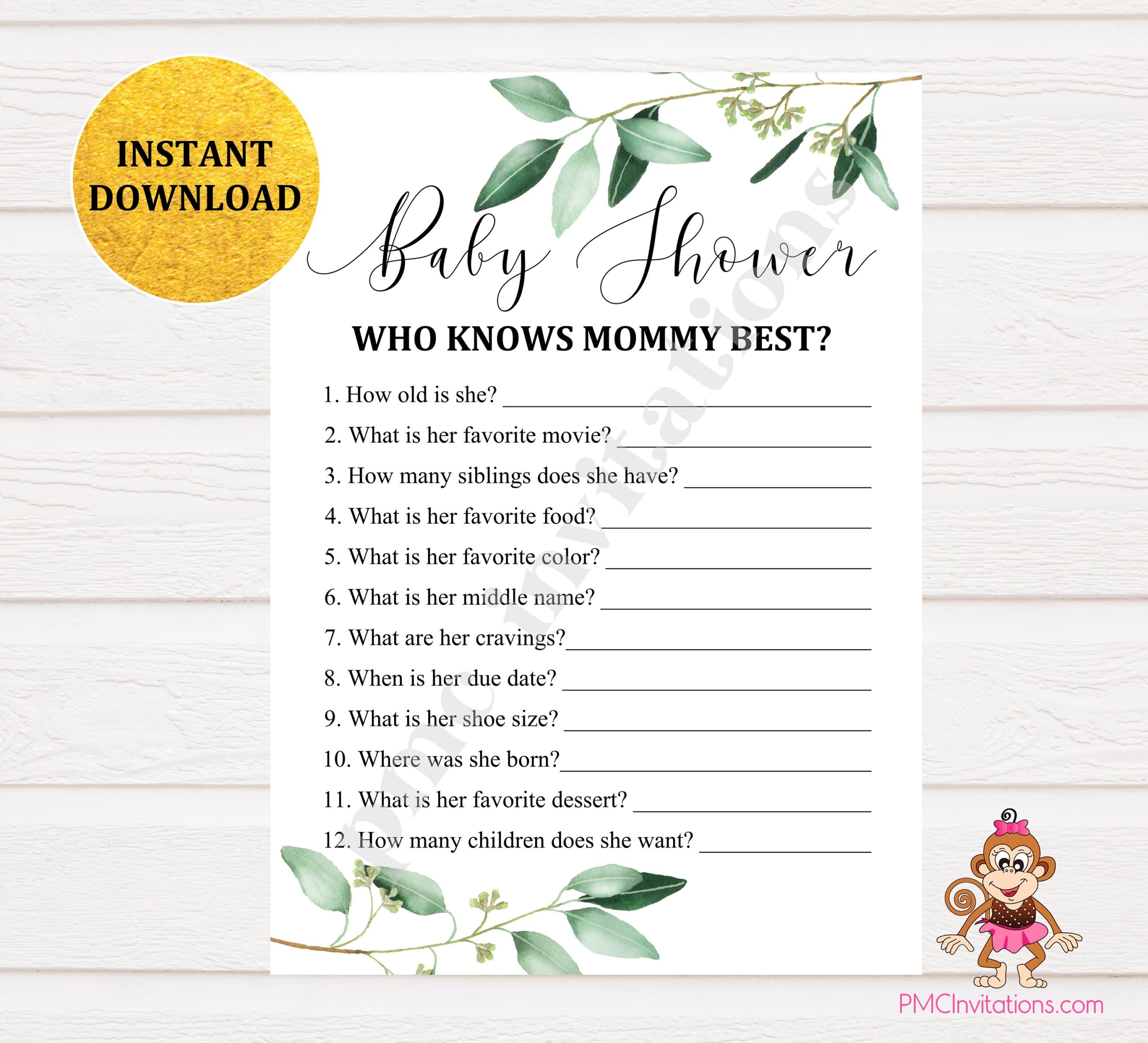 Baby Shower Who Knows Mommy Best Game Baby Shower Game Printable Baby Shower Instant Download Greenery Eucalyptus Etsy