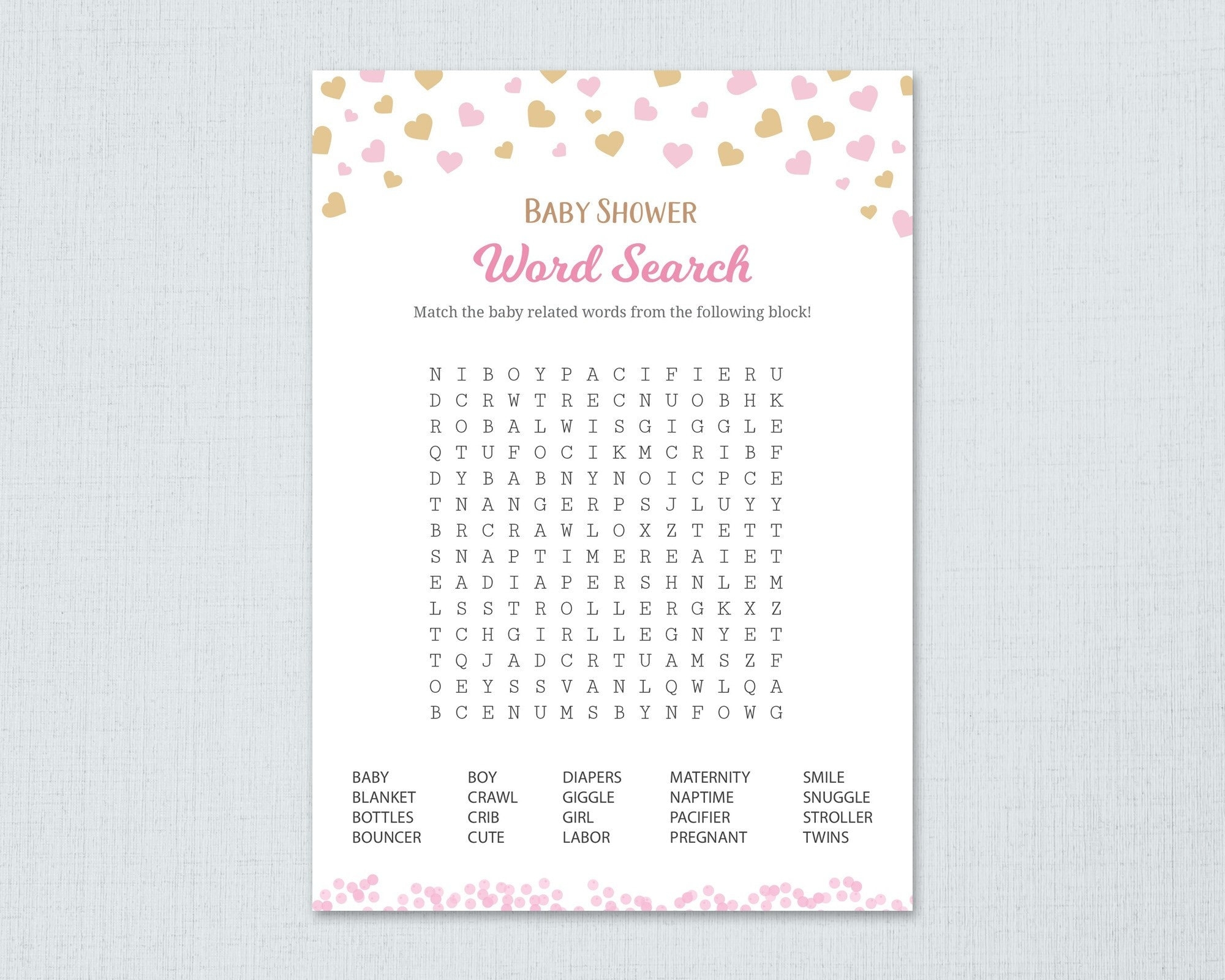 Baby Shower Word Search Game Printable With Answer Key Pink Gold Hearts Confetti Girl Baby Shower Activity Word Puzzle Seek Find B003 Etsy