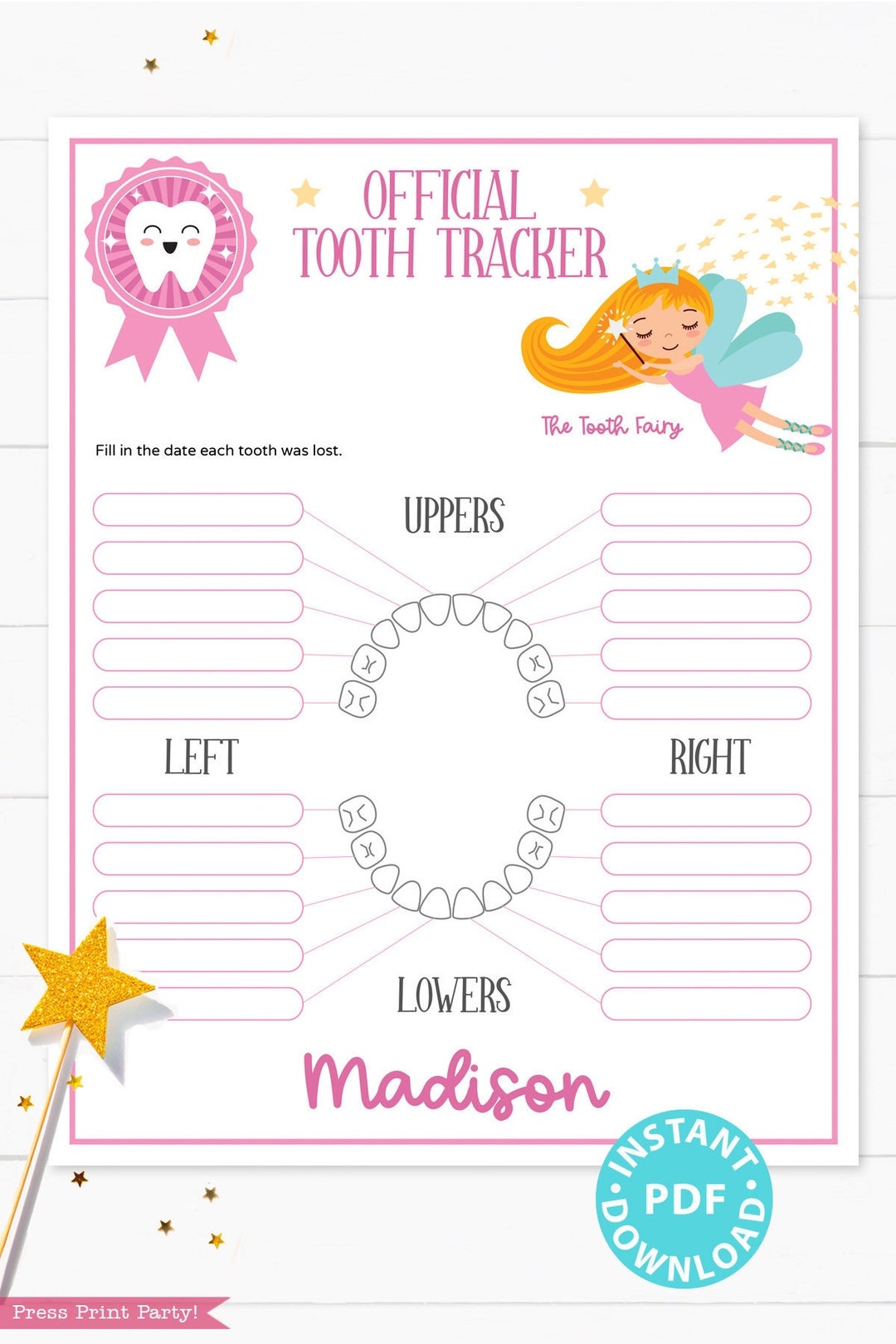 Baby Teeth Chart With The Tooth Fairy Printable Tooth Tracker Editable And Customizable Tooth Fairy For Girls INSTANT DOWNLOAD Etsy UK