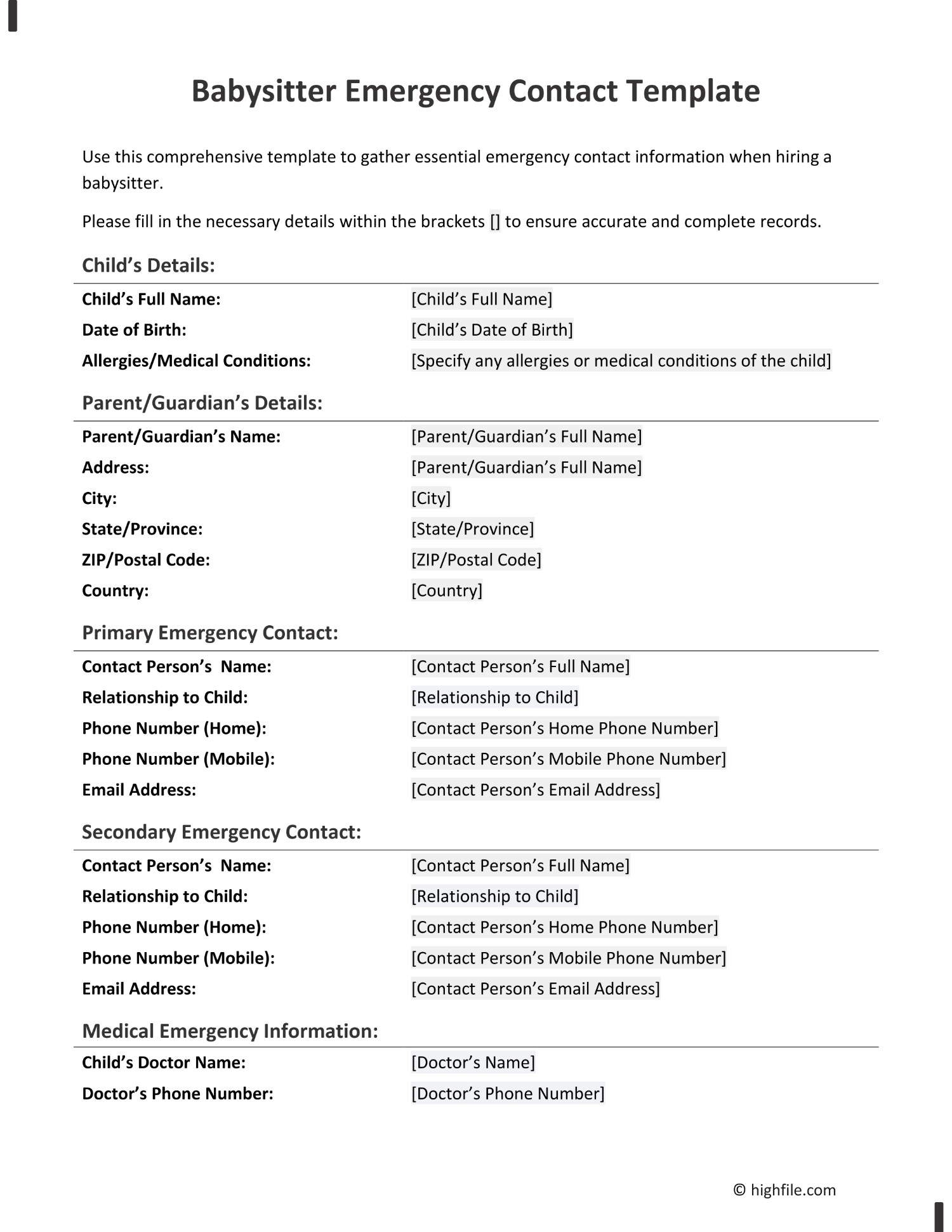 printable emergency contact list for babysitter
