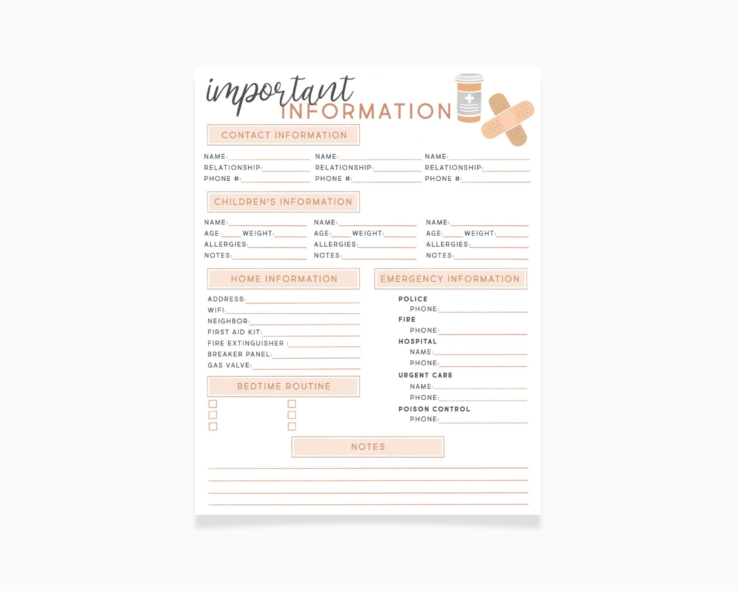 Babysitter Information Sheet Emergency Contact Info Template Nanny Care Giver Notes Babysitter Planner Nanny Notes Daycare Contact Info Etsy