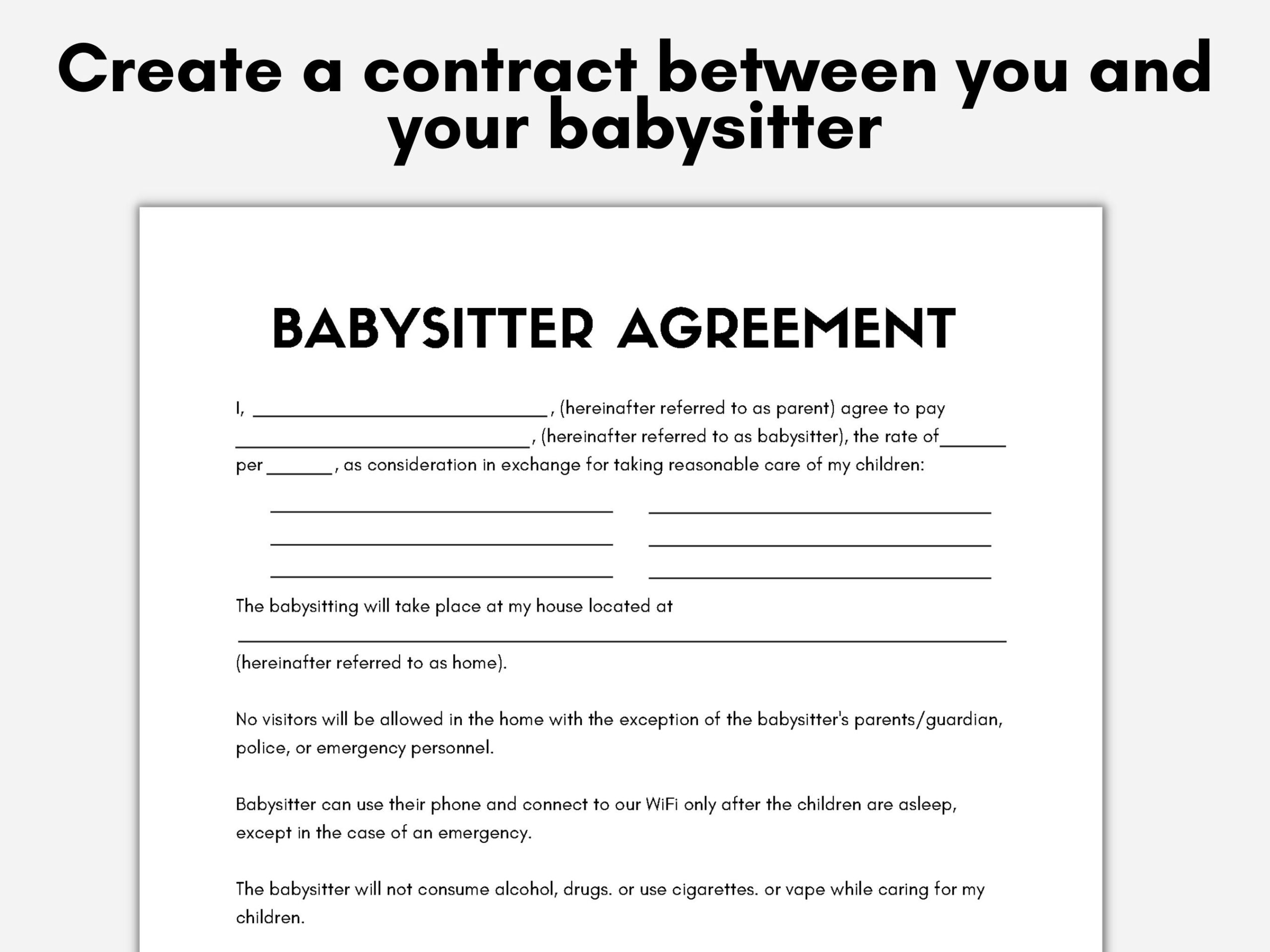 Babysitting Contract Template Nanny Services Contract Agreement BabySitter Agreement Form Editable PDF File Babysitter Binder Forms