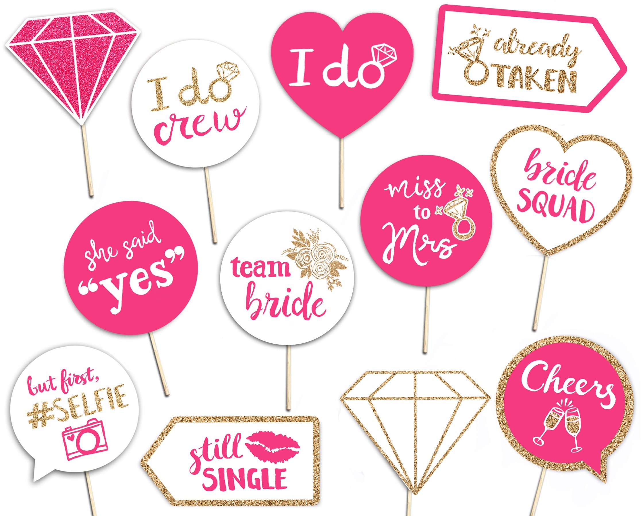 Bachelorette Party Printable Photo Booth Props Gold Pink And White 12 Hand Painted Signs Bridal Shower Hen Party Etsy