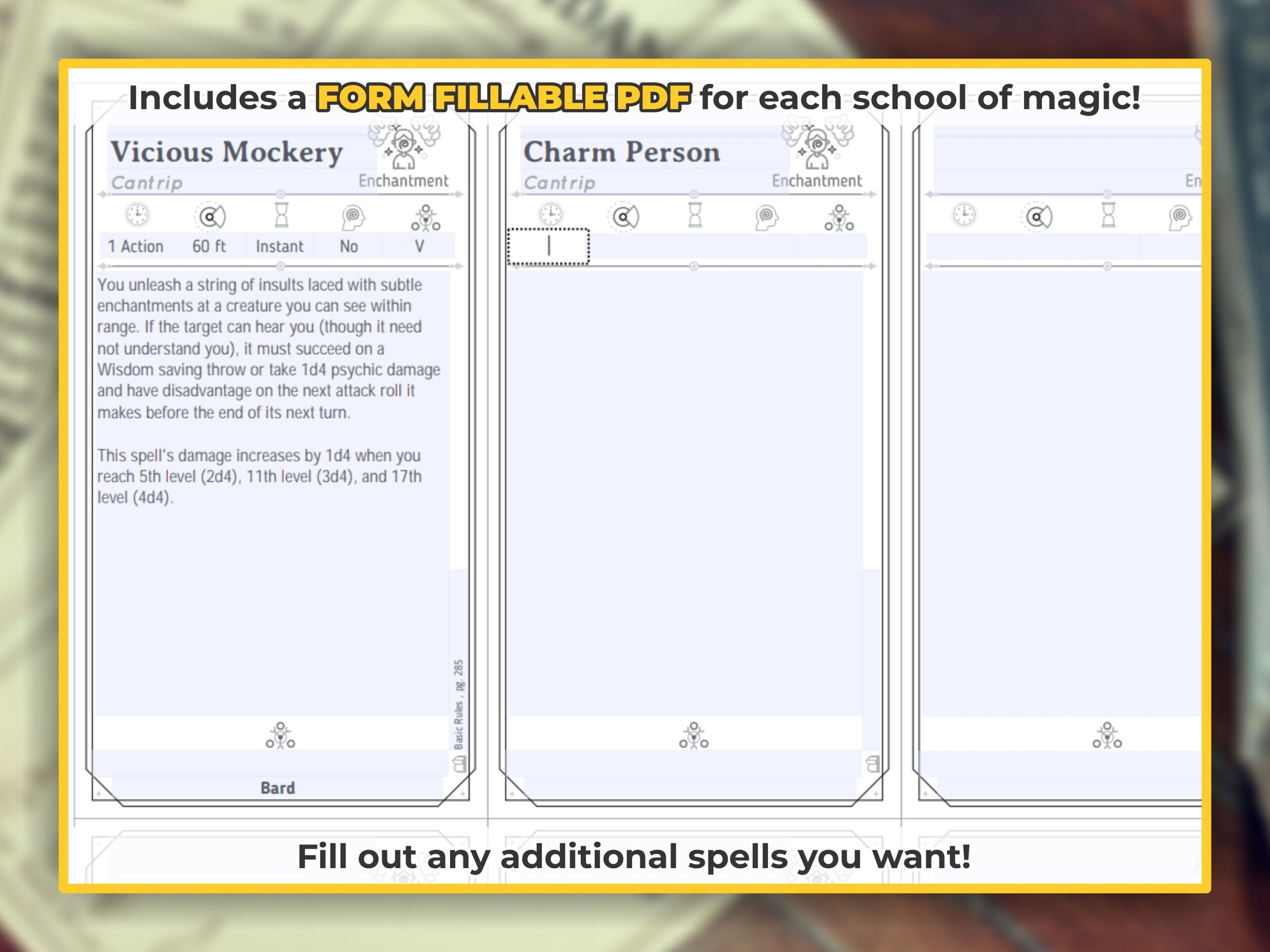 BARD Spell Cards For DnD 5e And 5 5e 2024 Update Form Fillable PDFs Included Dungeons And Dragons Du0026D Printable Spell Cards