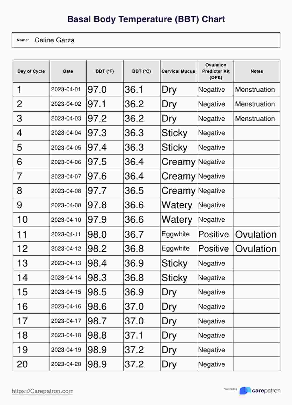 Basal Body Temperature Chart U0026 Example Free PDF Download